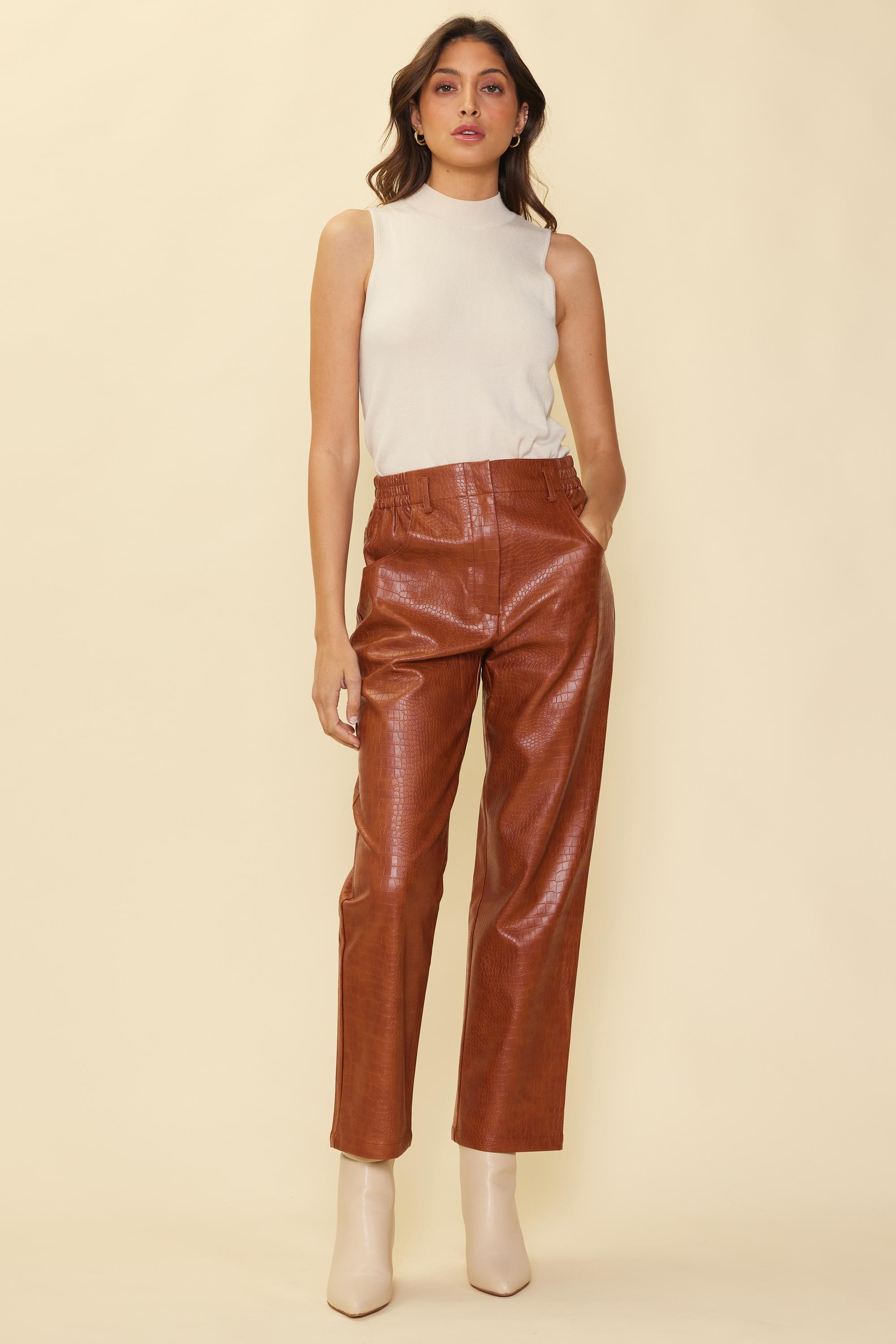 Parisian faux leather trousers with exposed zip in camel