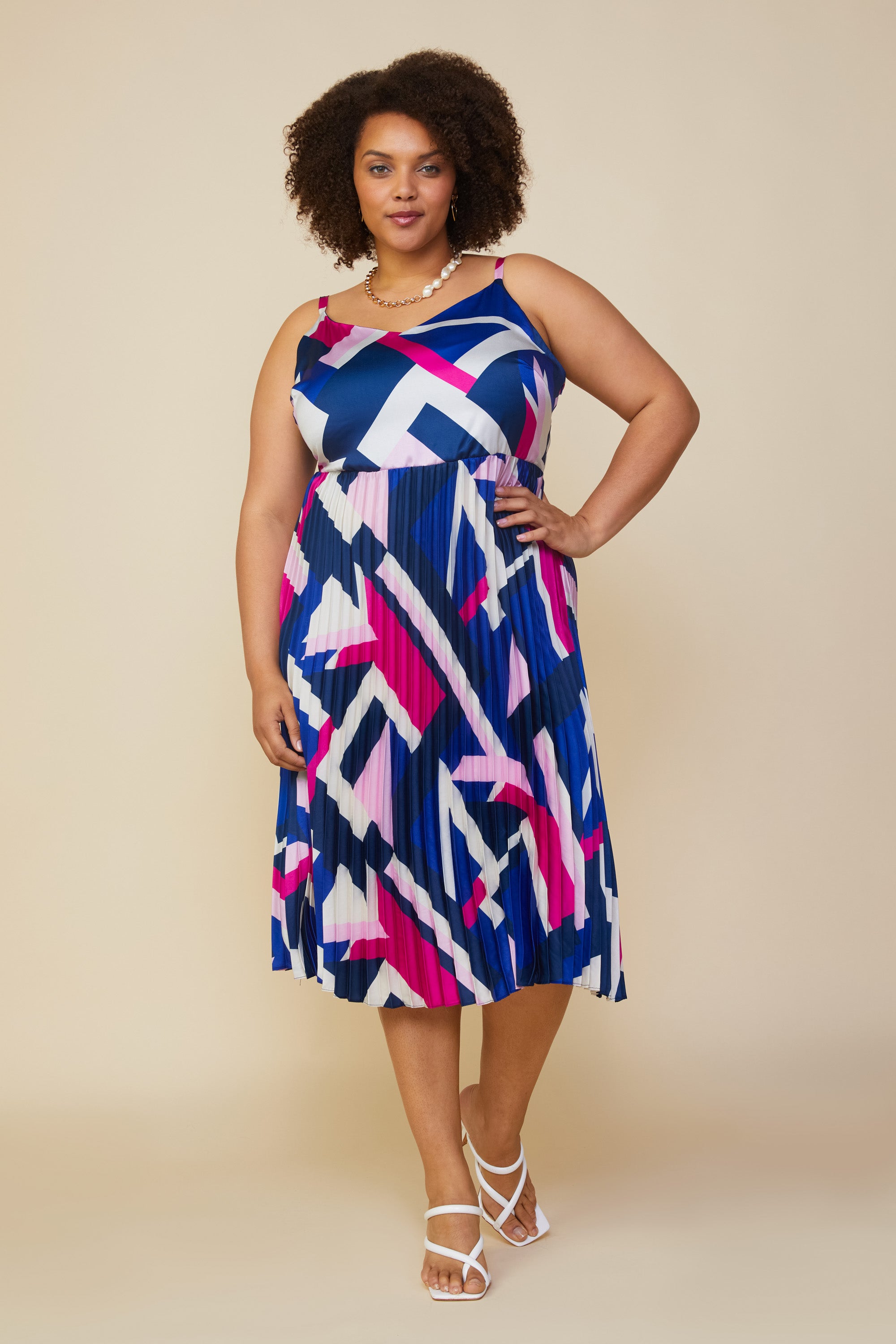 Plus Size Geo Print Pleated Midi Dress SKIES ARE BLUE