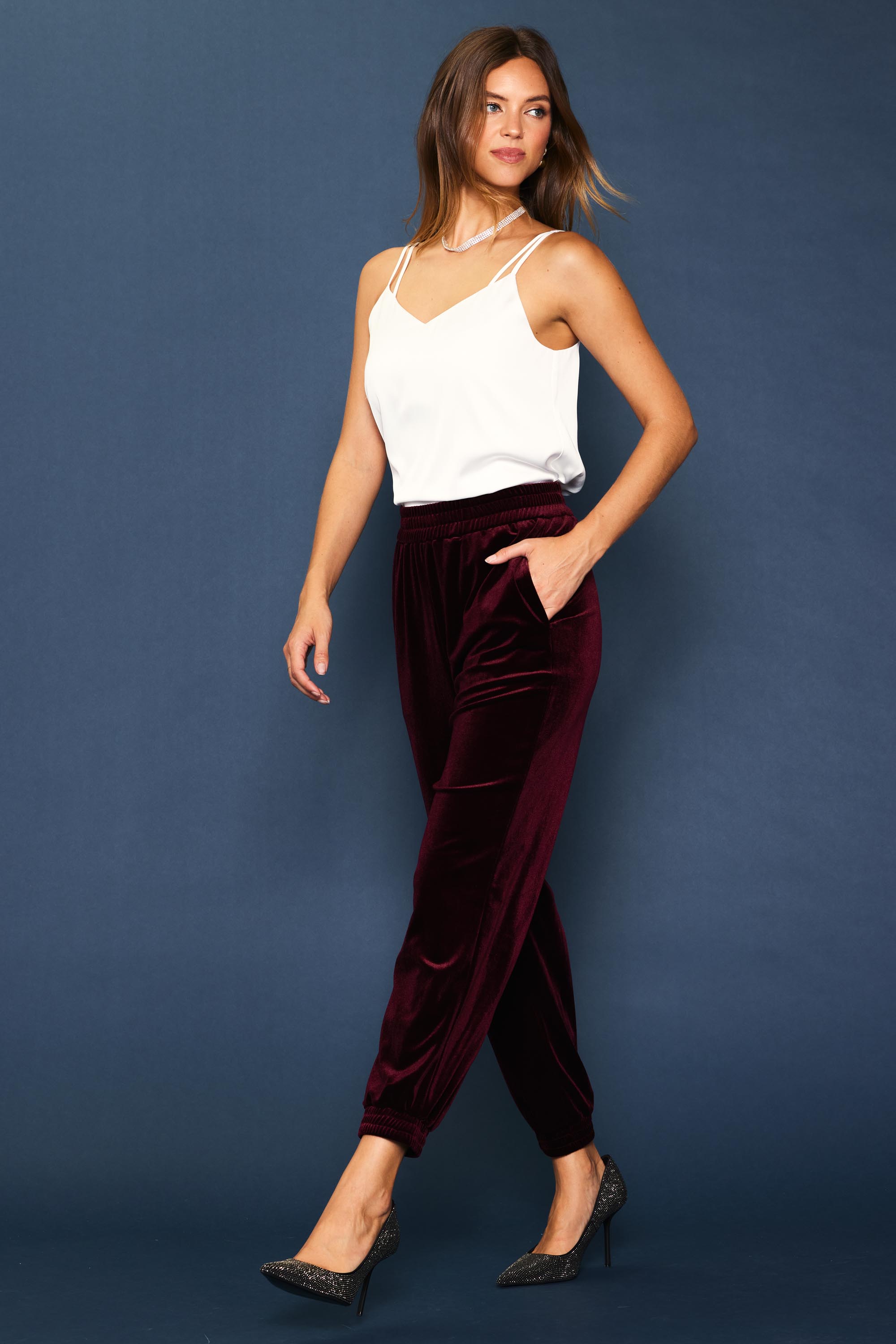 Fashion burgundy velvet joggers