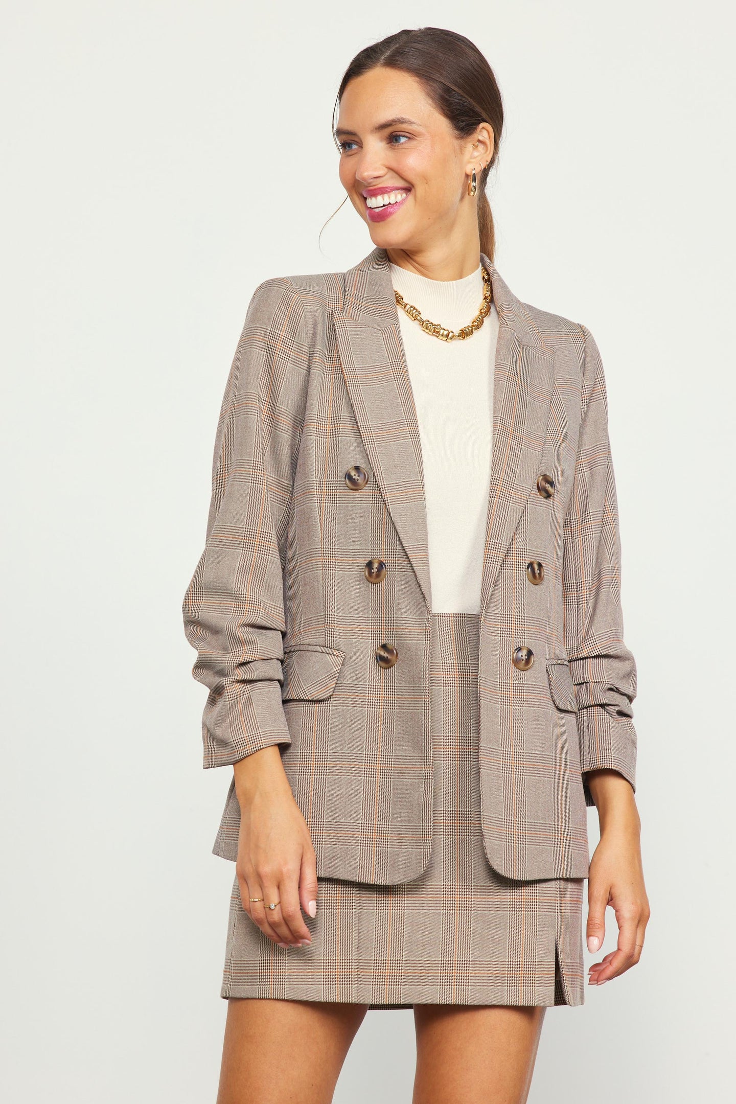 Plaid Ruched Sleeve Tailored Blazer