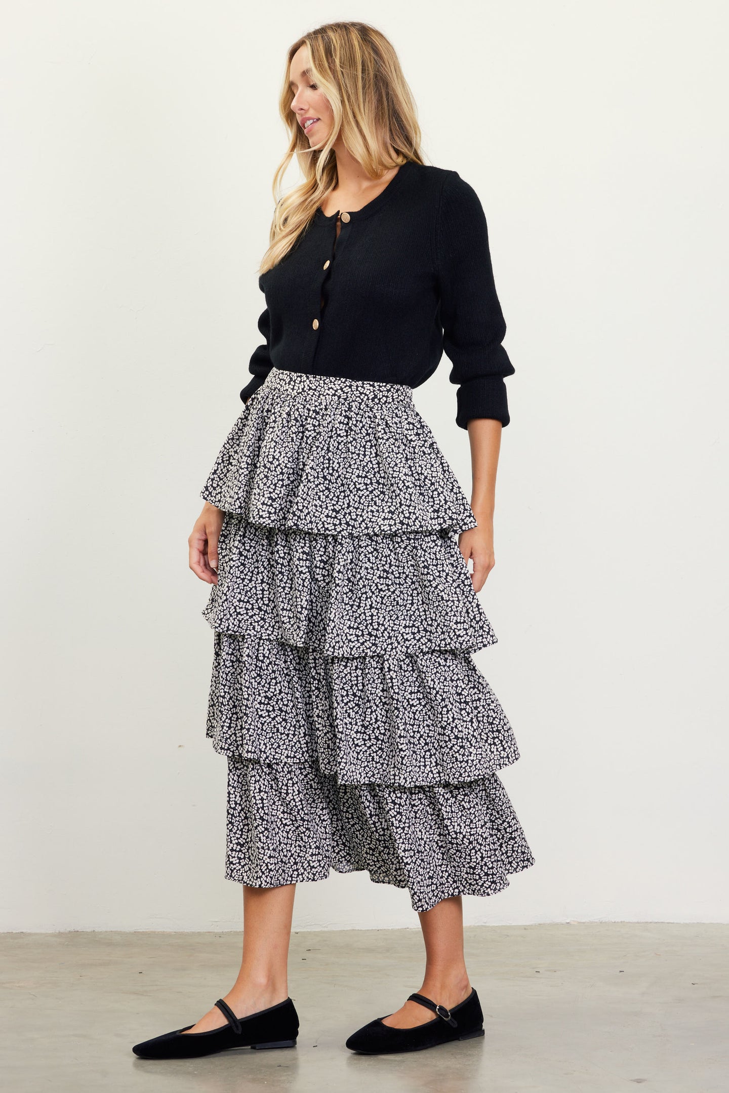 Dainty Floral Print Ruffle Midi Skirt