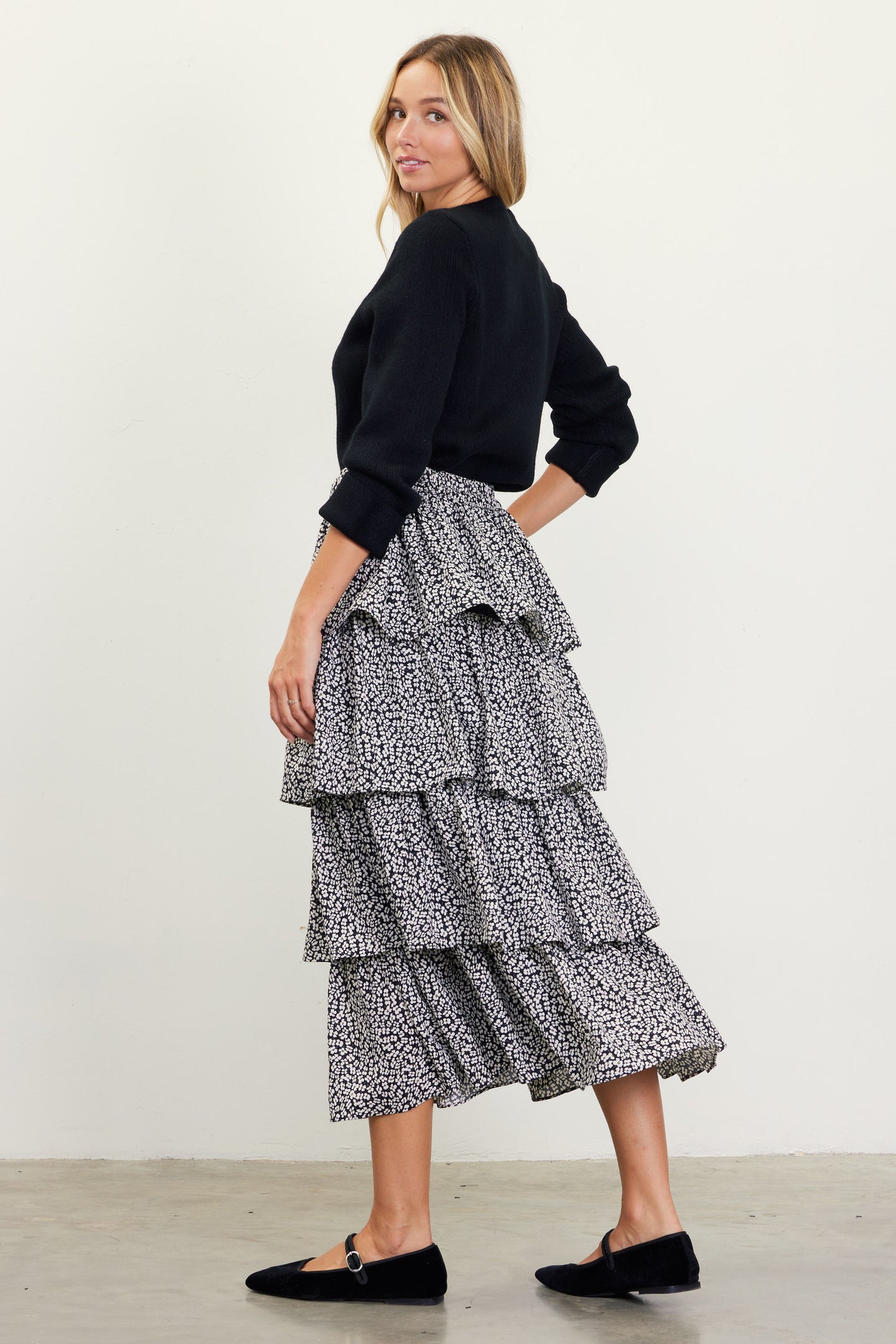 Dainty Floral Print Ruffle Midi Skirt