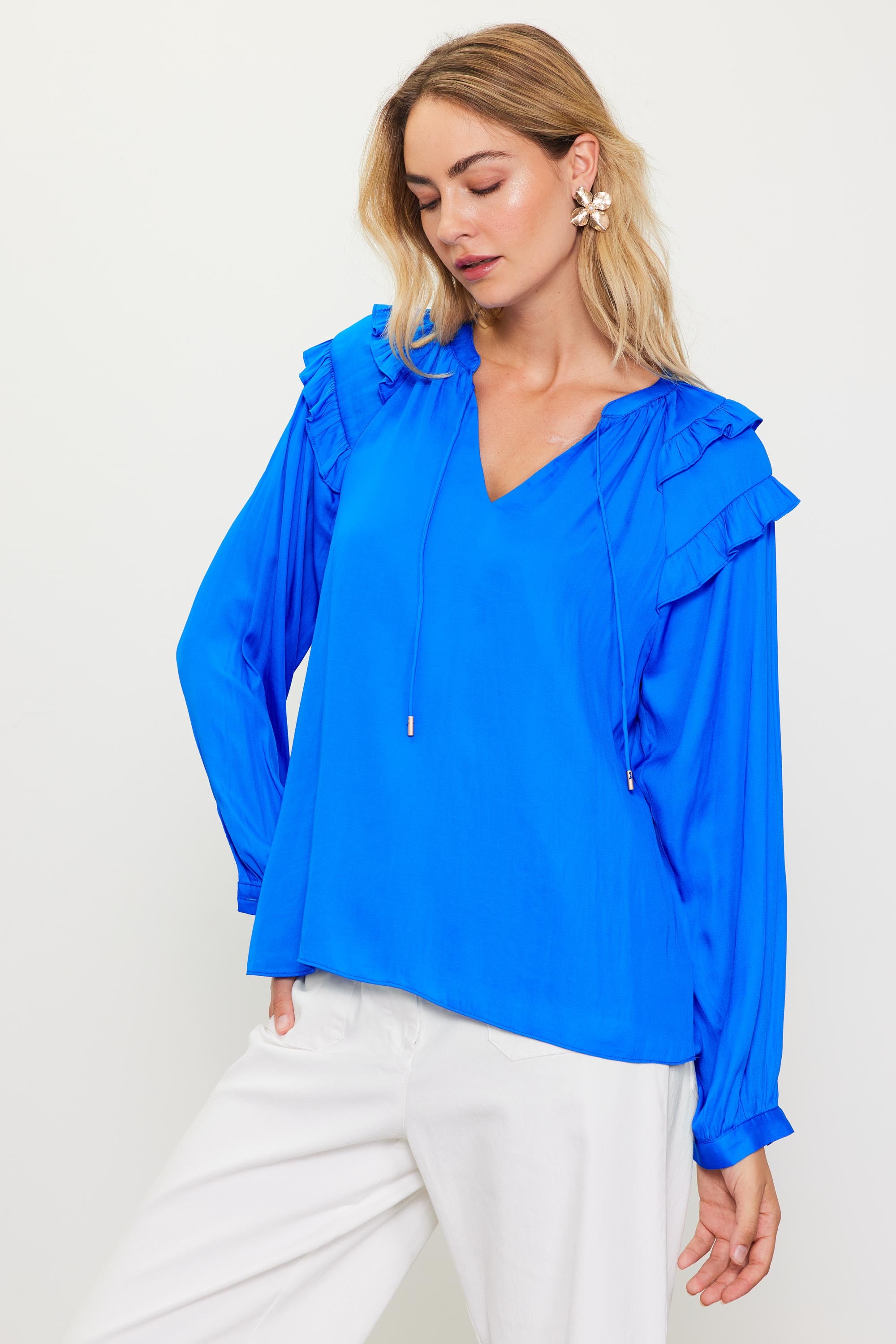 Adele Ruffled Split Neck Top – SKIES ARE BLUE