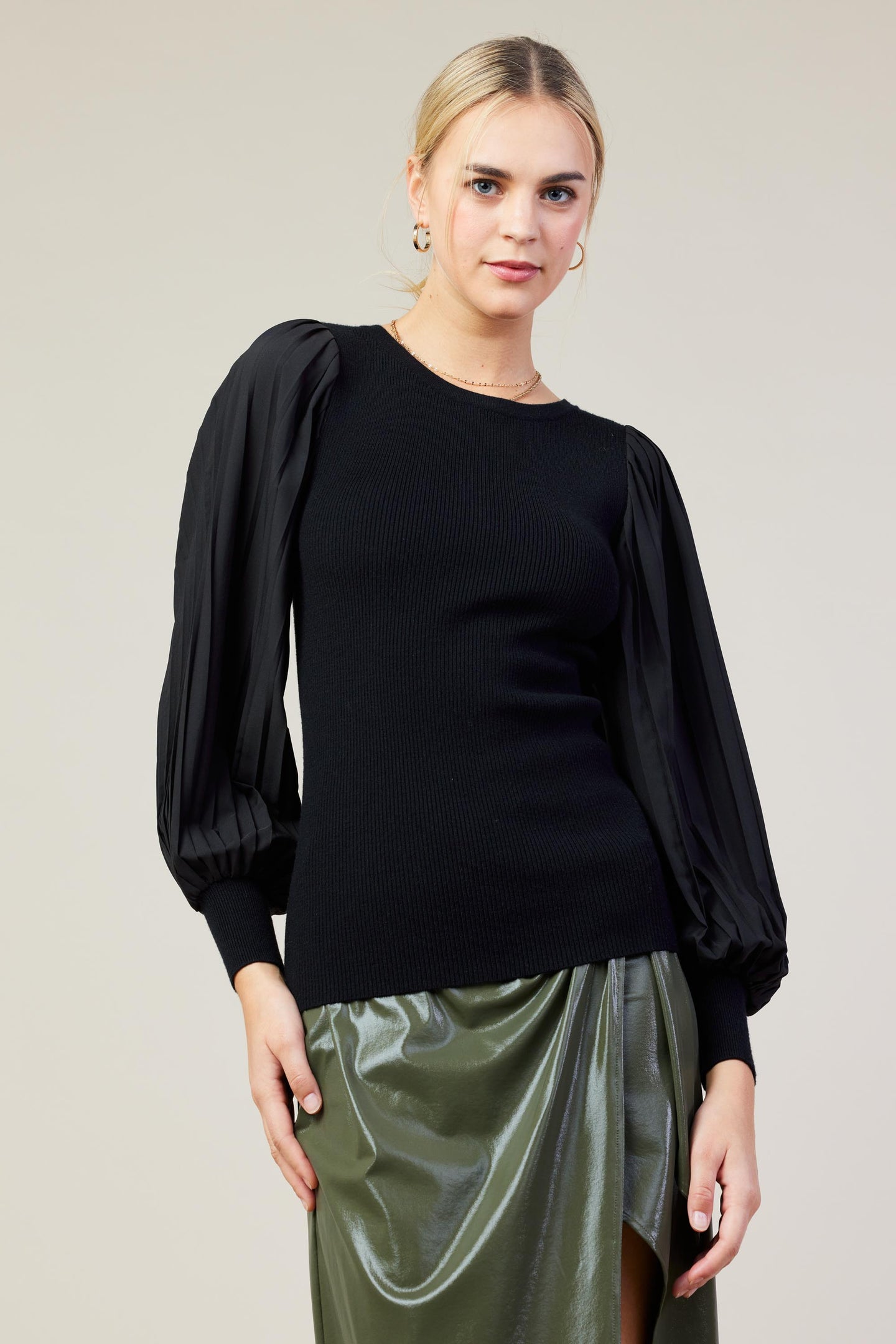 Mixed Media Pleated Sleeve Top