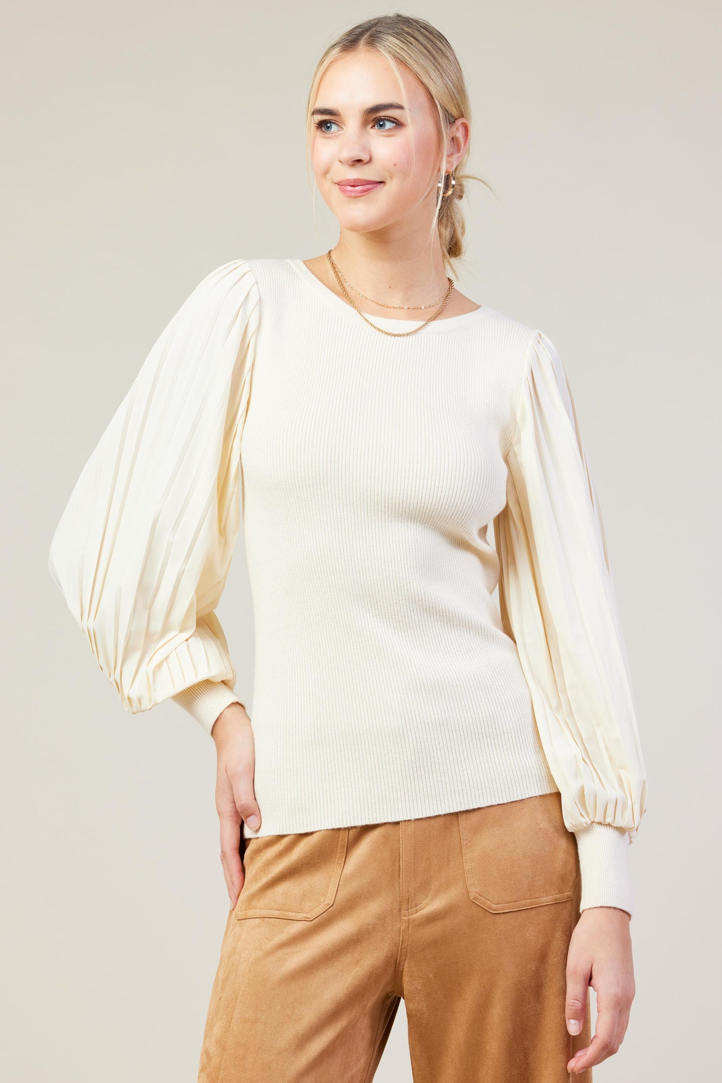 Mixed Media Pleated Sleeve Top