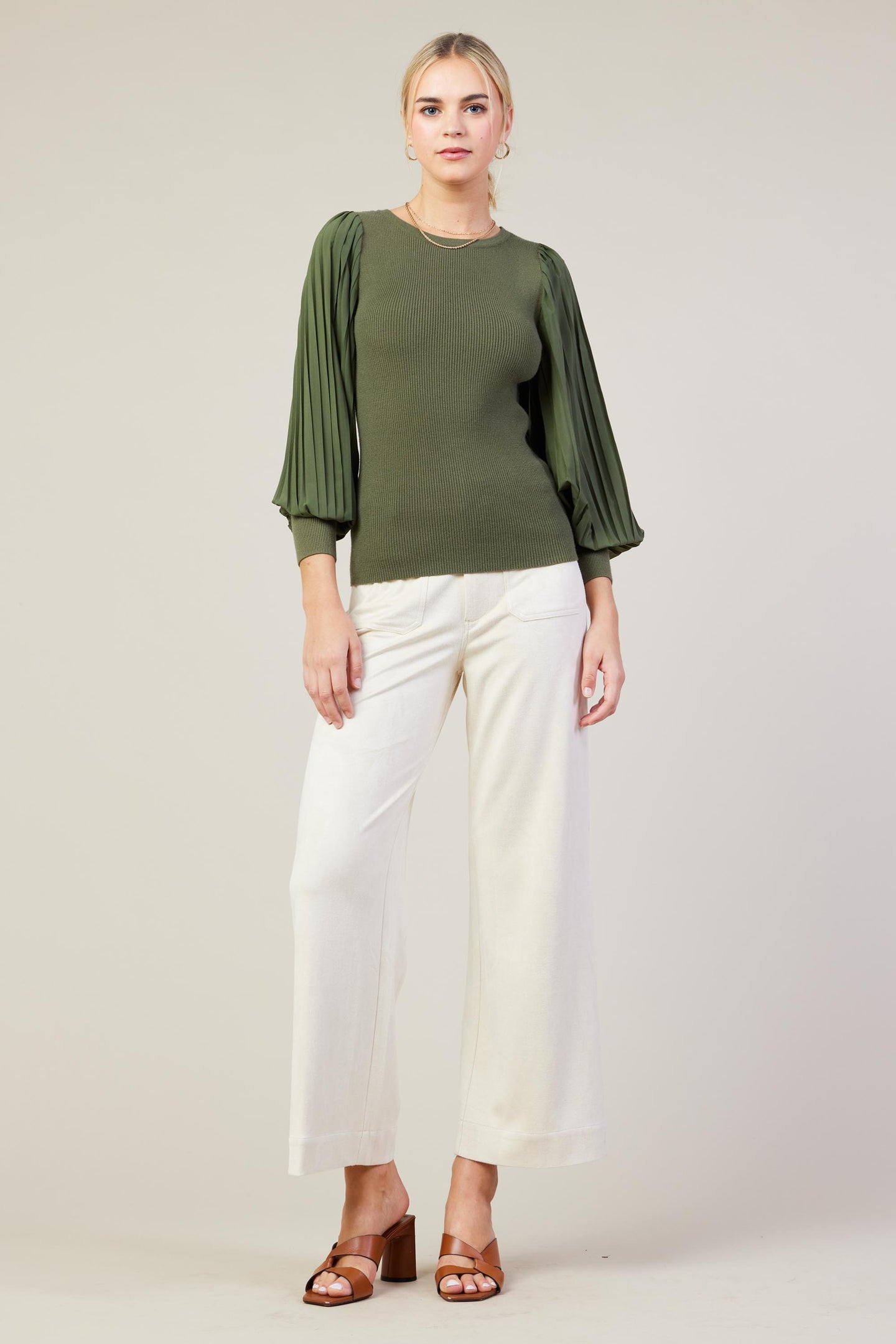 Mixed Media Pleated Sleeve Top