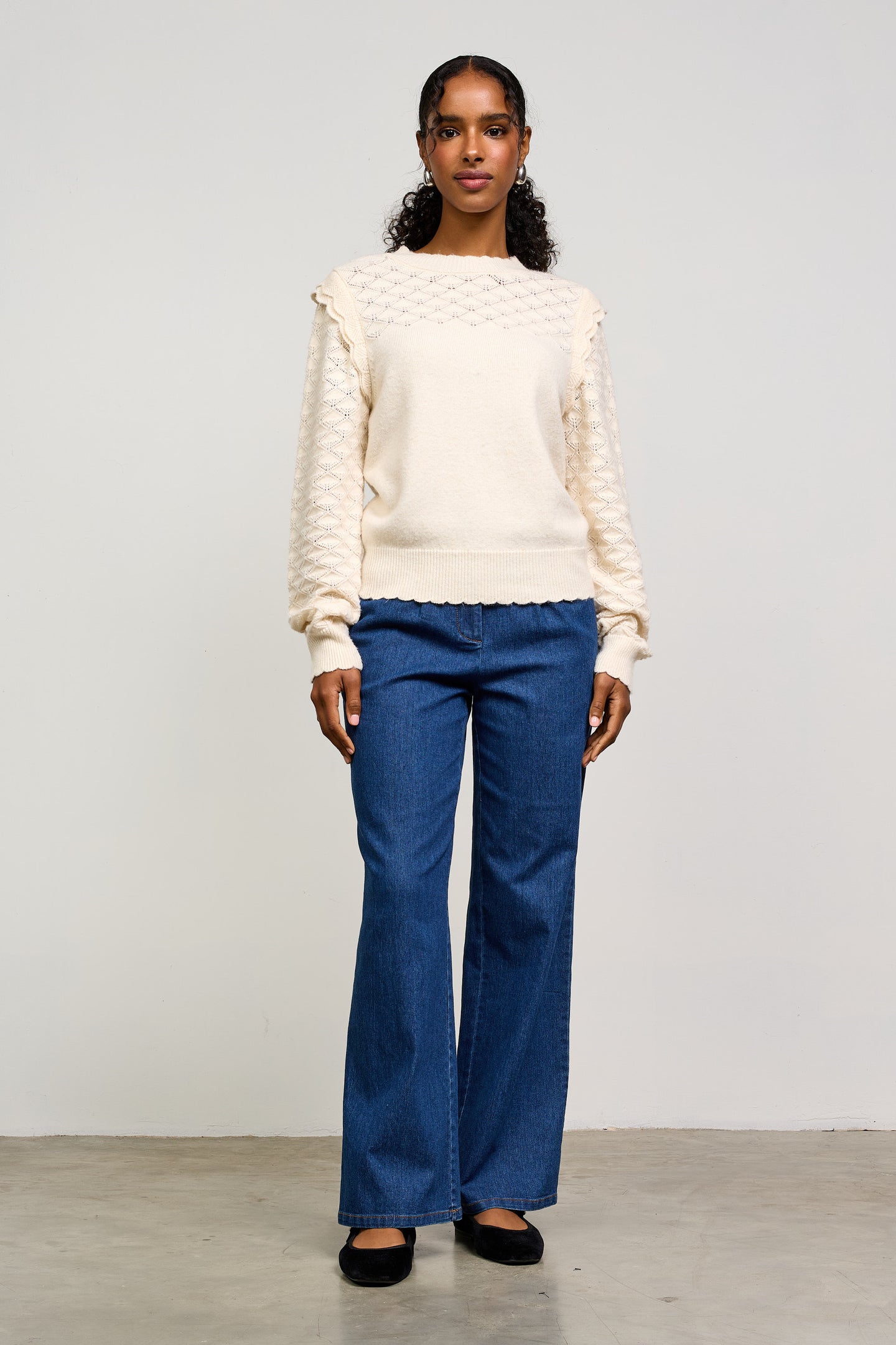 Ruffled Sleeve Pointelle Sweater