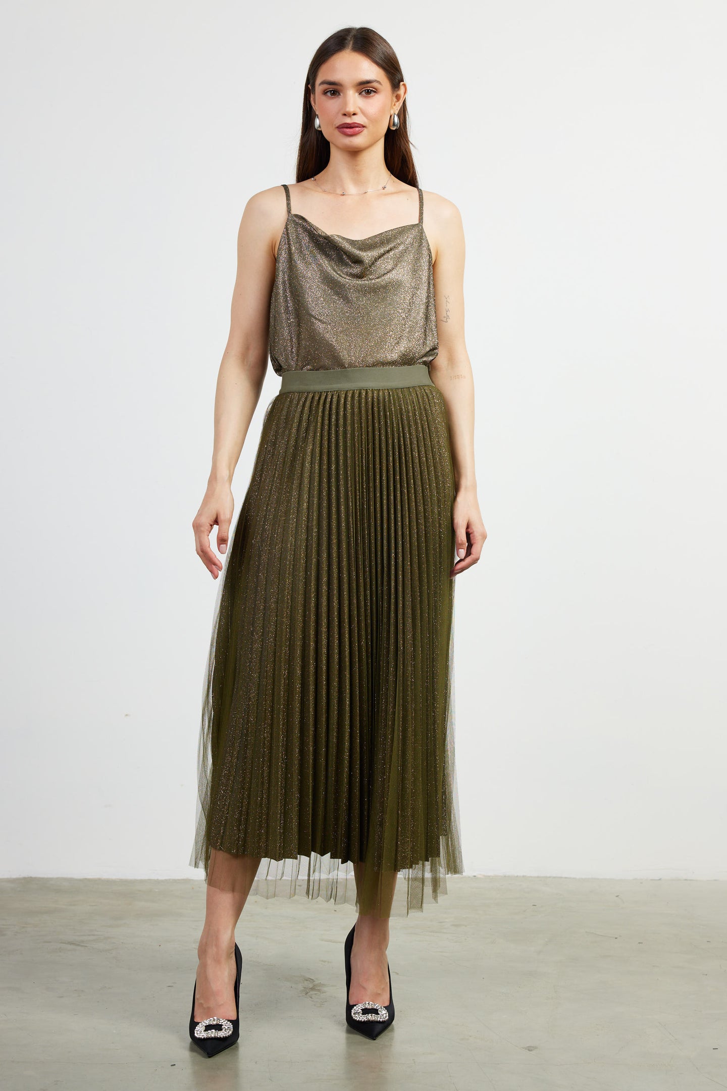 Shimmery Pleated Midi Skirt