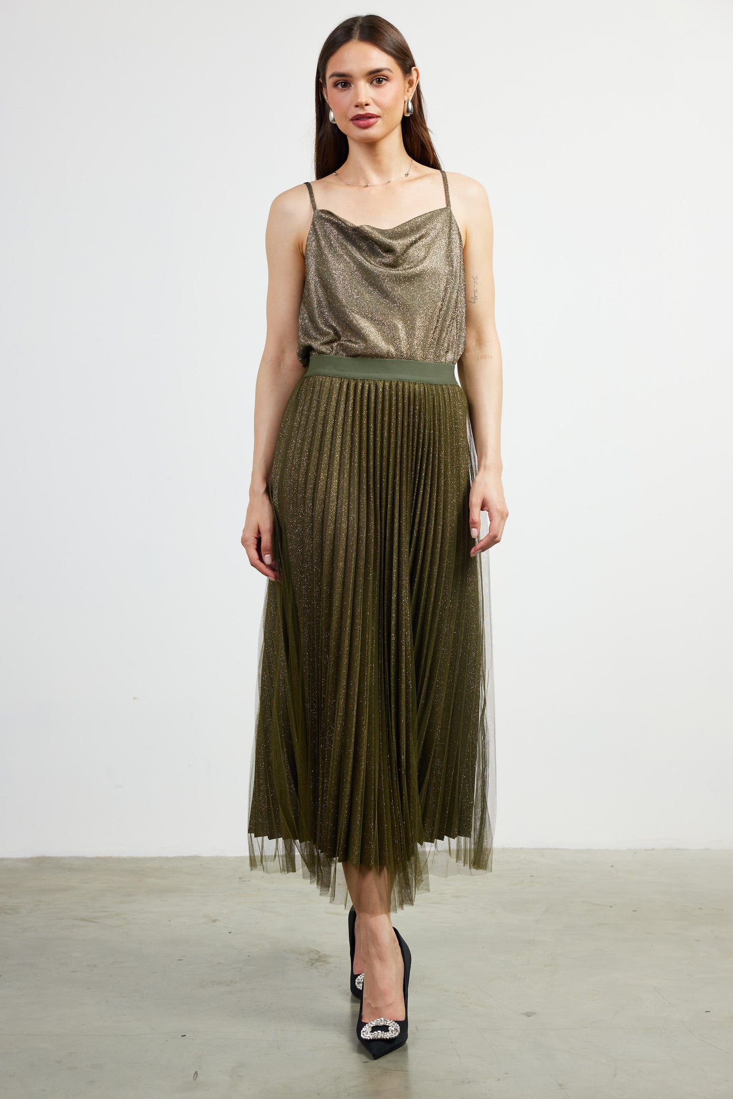 Lurex Pleated Midi Skirt