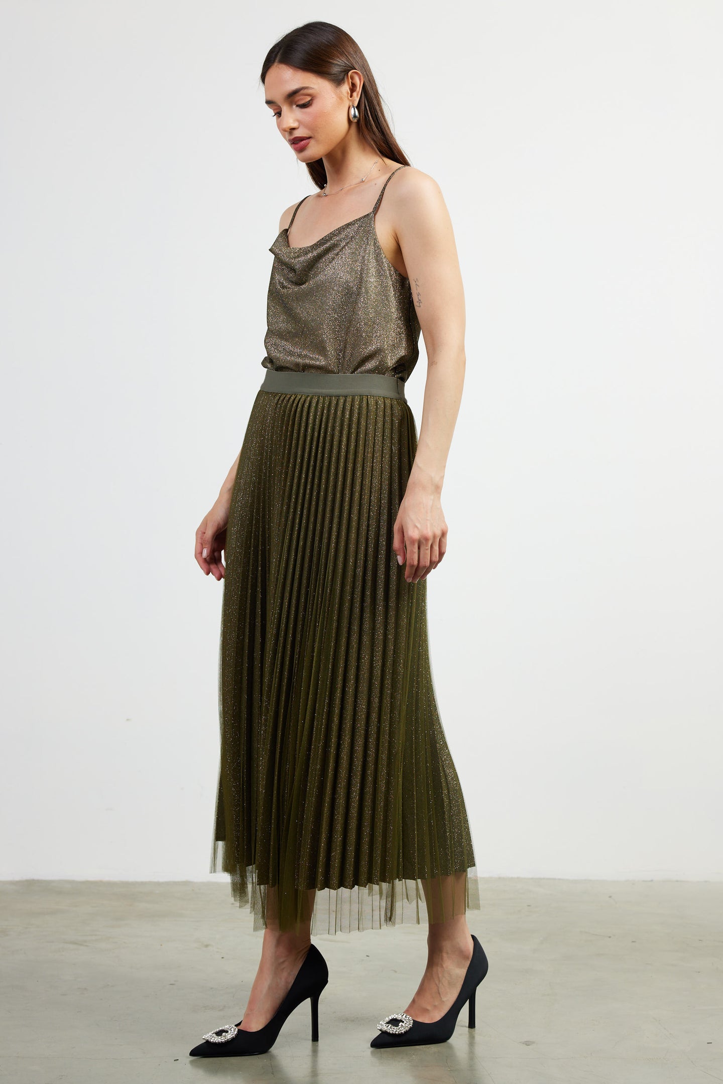 Lurex Pleated Midi Skirt