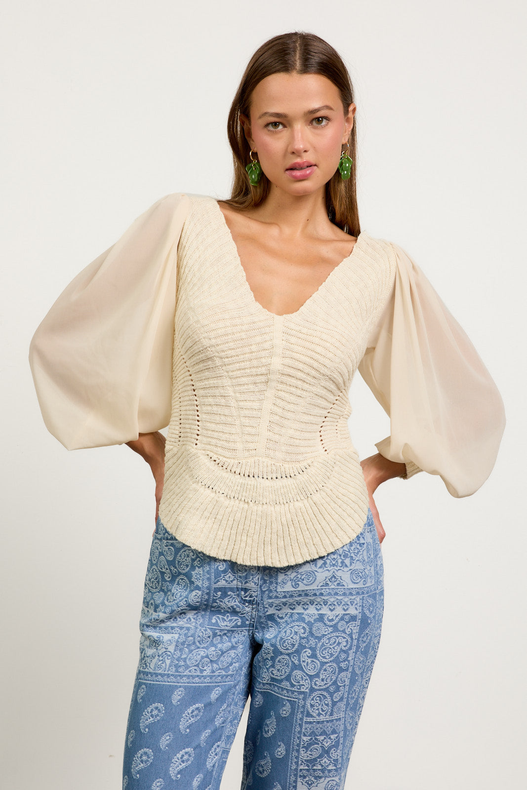 Mixed Media Voluminous Sleeve Top