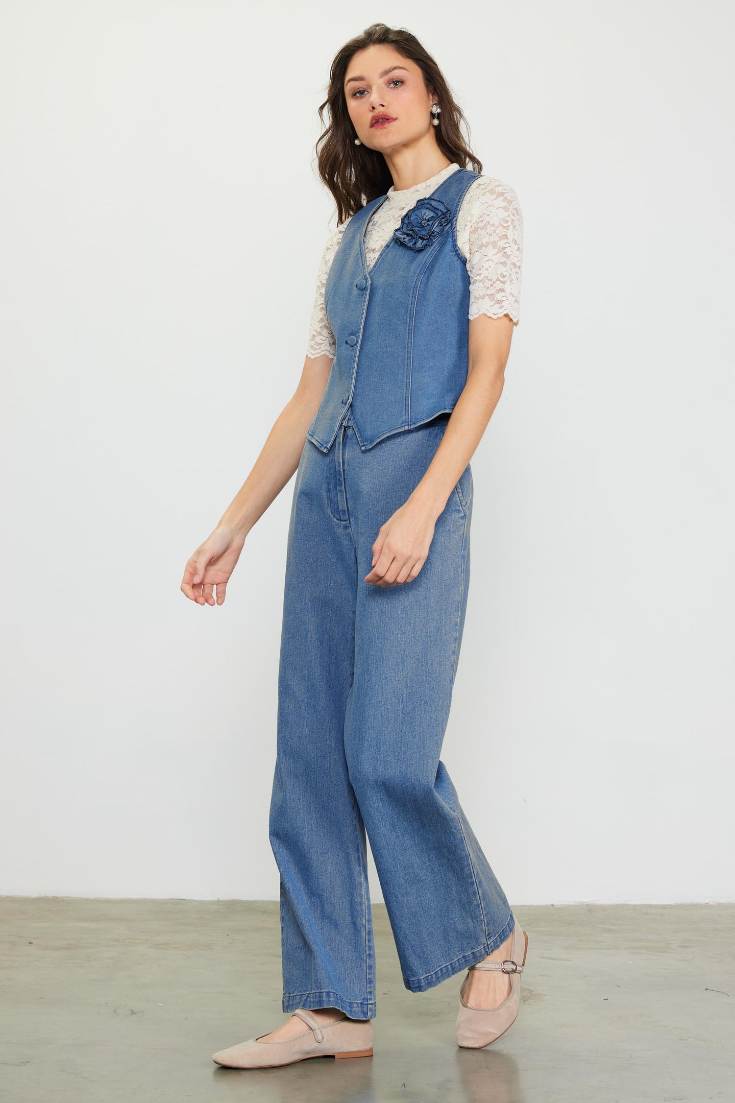 Denim Vest With Detachable Rosette