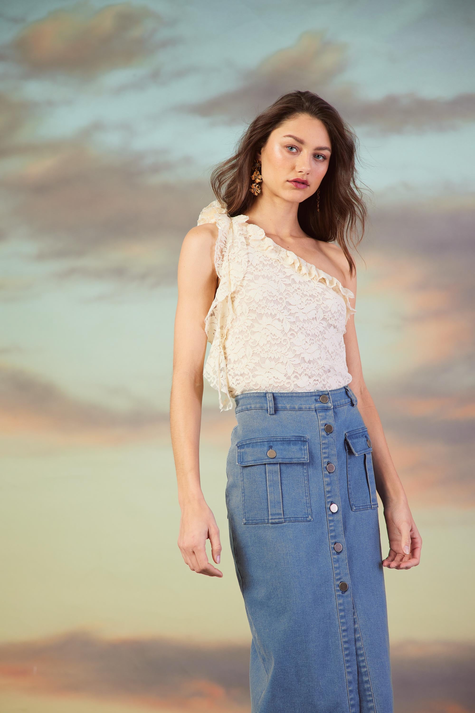 Denim Button Down Midi Skirt SKIES ARE BLUE