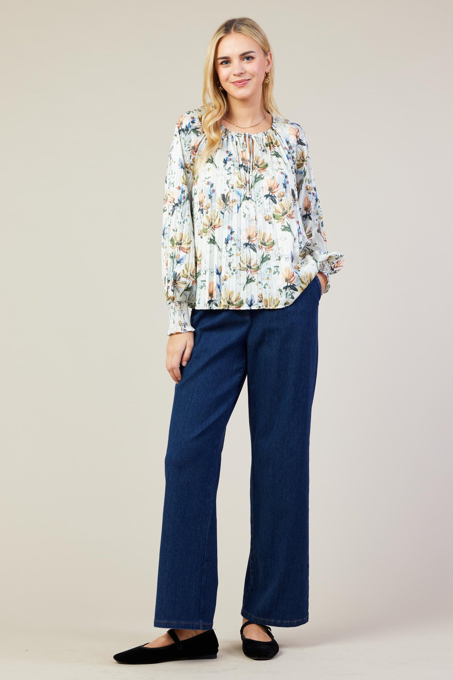 Amani Floral Print Pleated Blouse