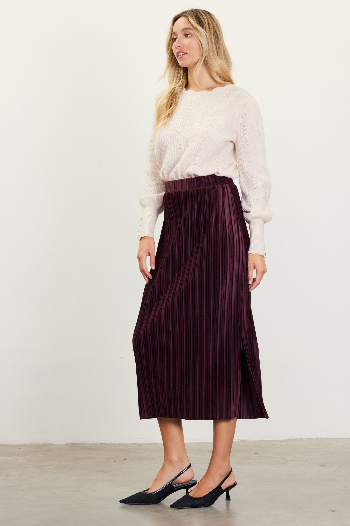 Pleated Velvet Midi Skirt