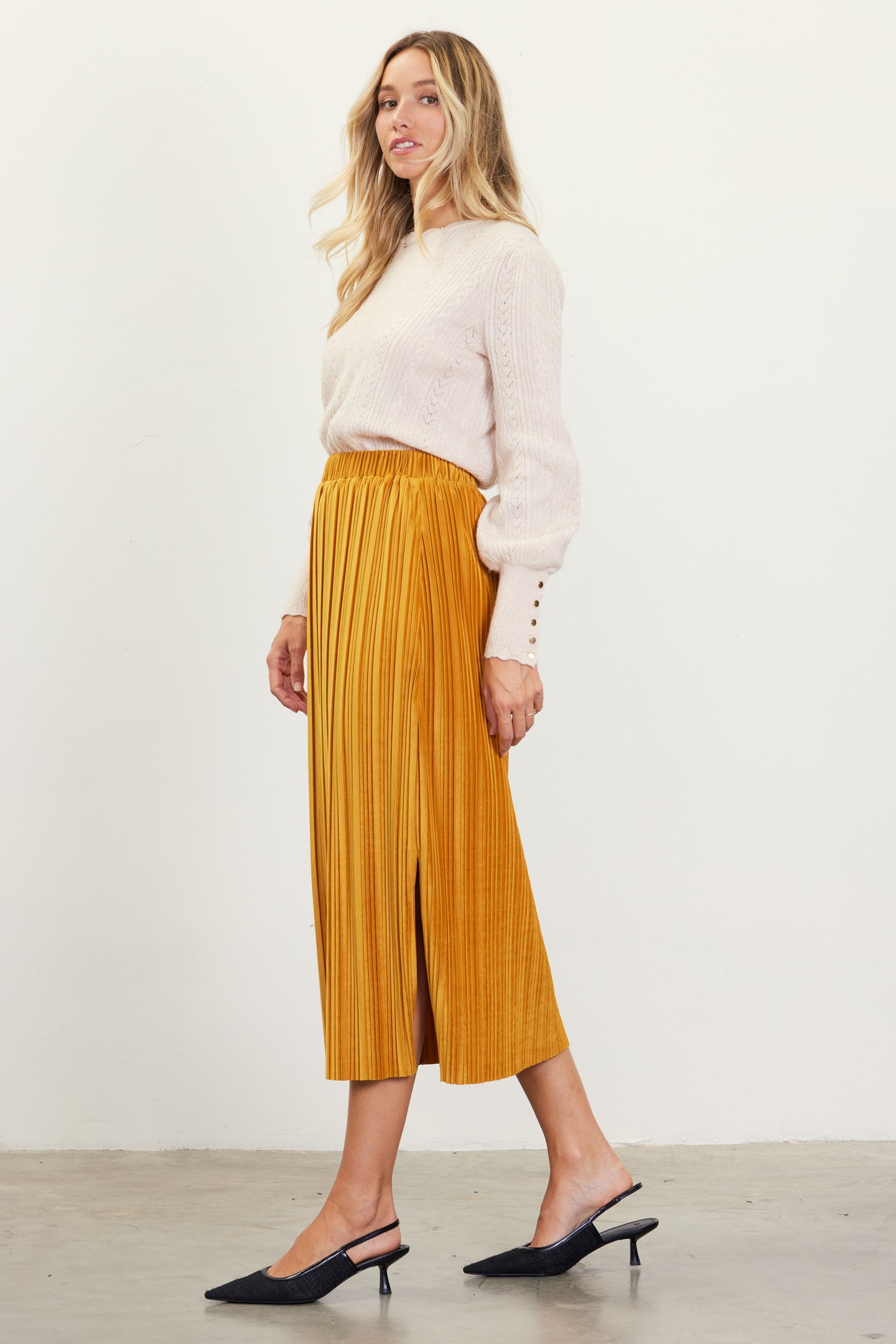 Pleated Velvet Midi Skirt