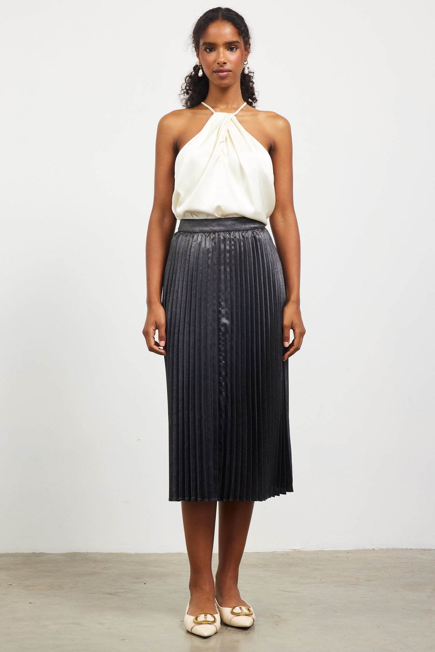 Metallic Foil Pleated Midi Skirt