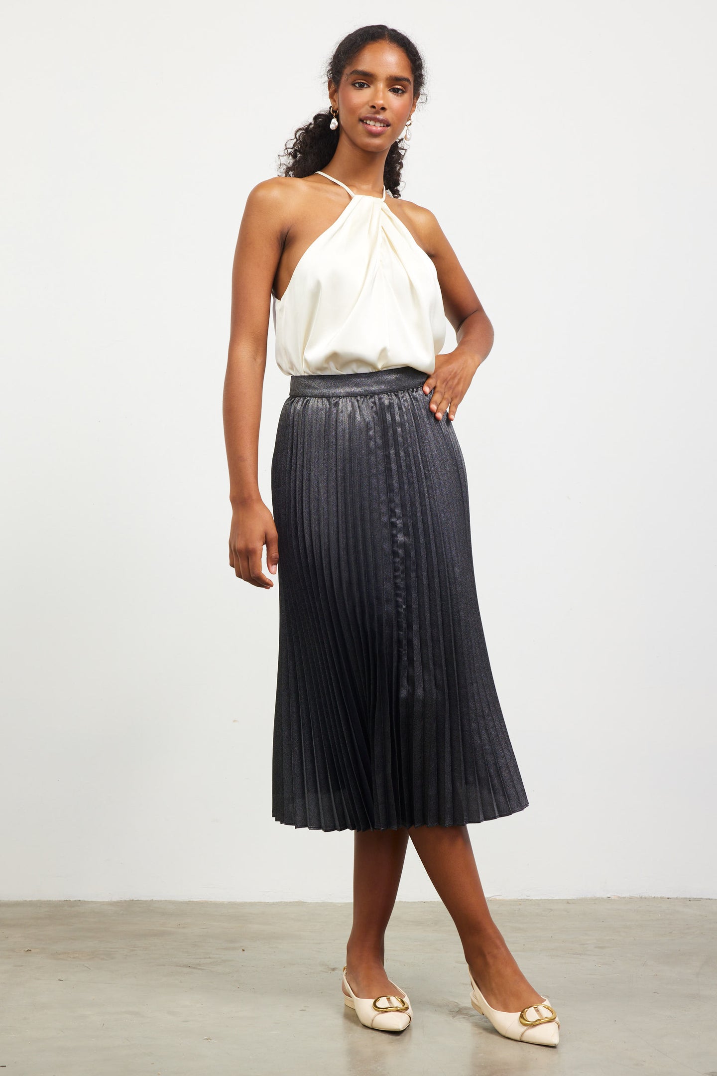 Metallic Foil Pleated Midi Skirt