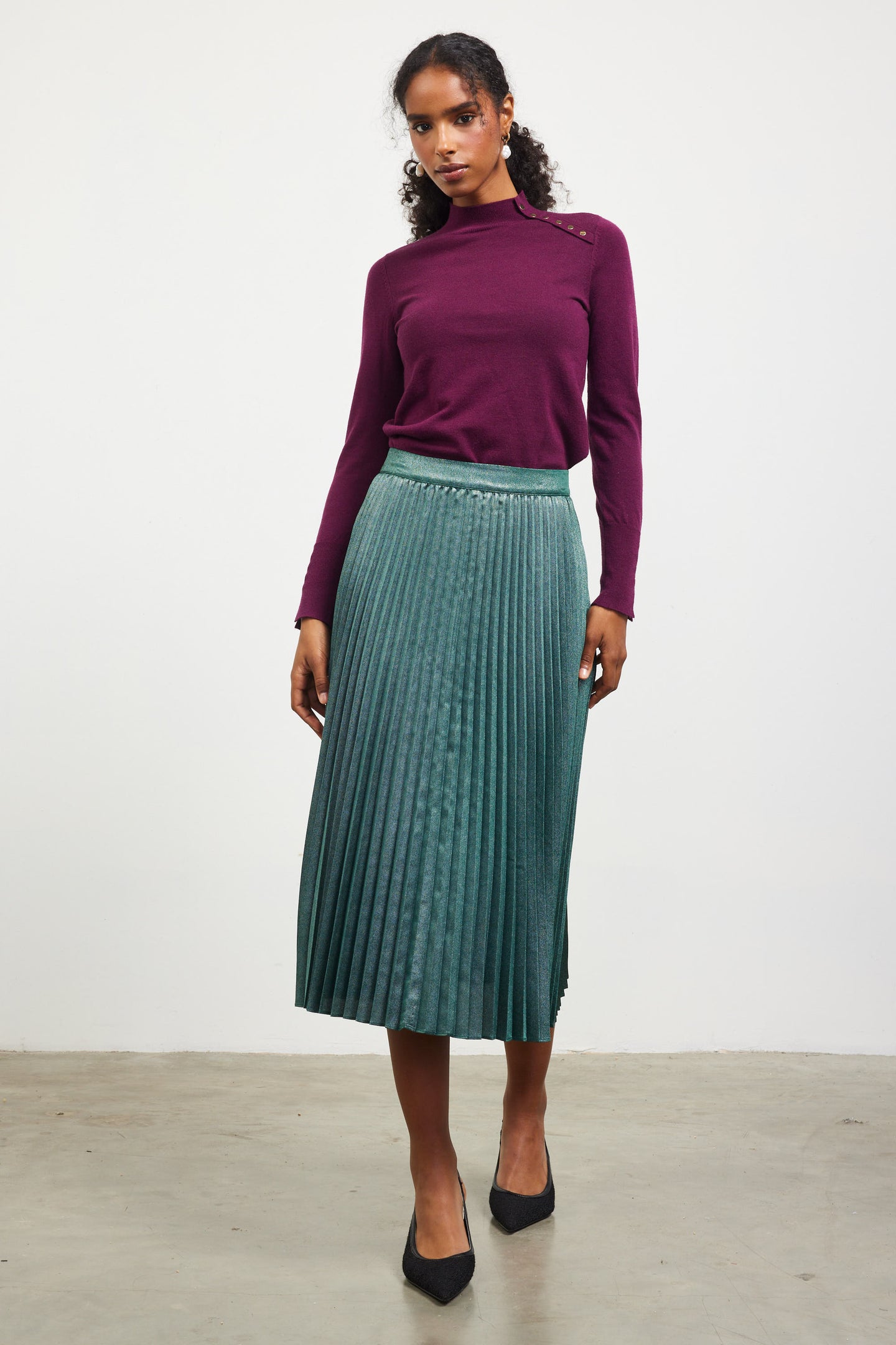 Metallic Foil Pleated Midi Skirt