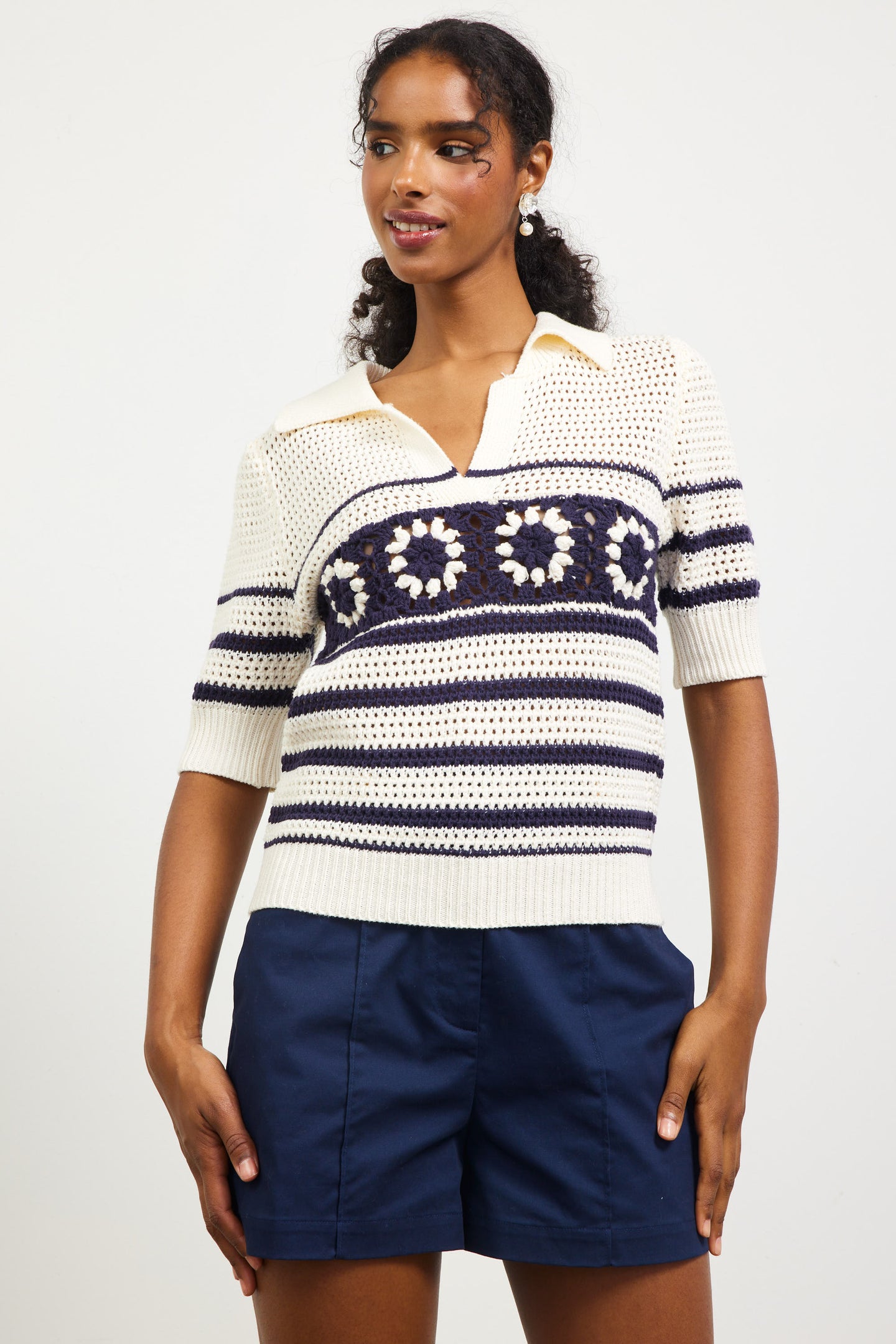 Pointelle Knit Collared Sweater