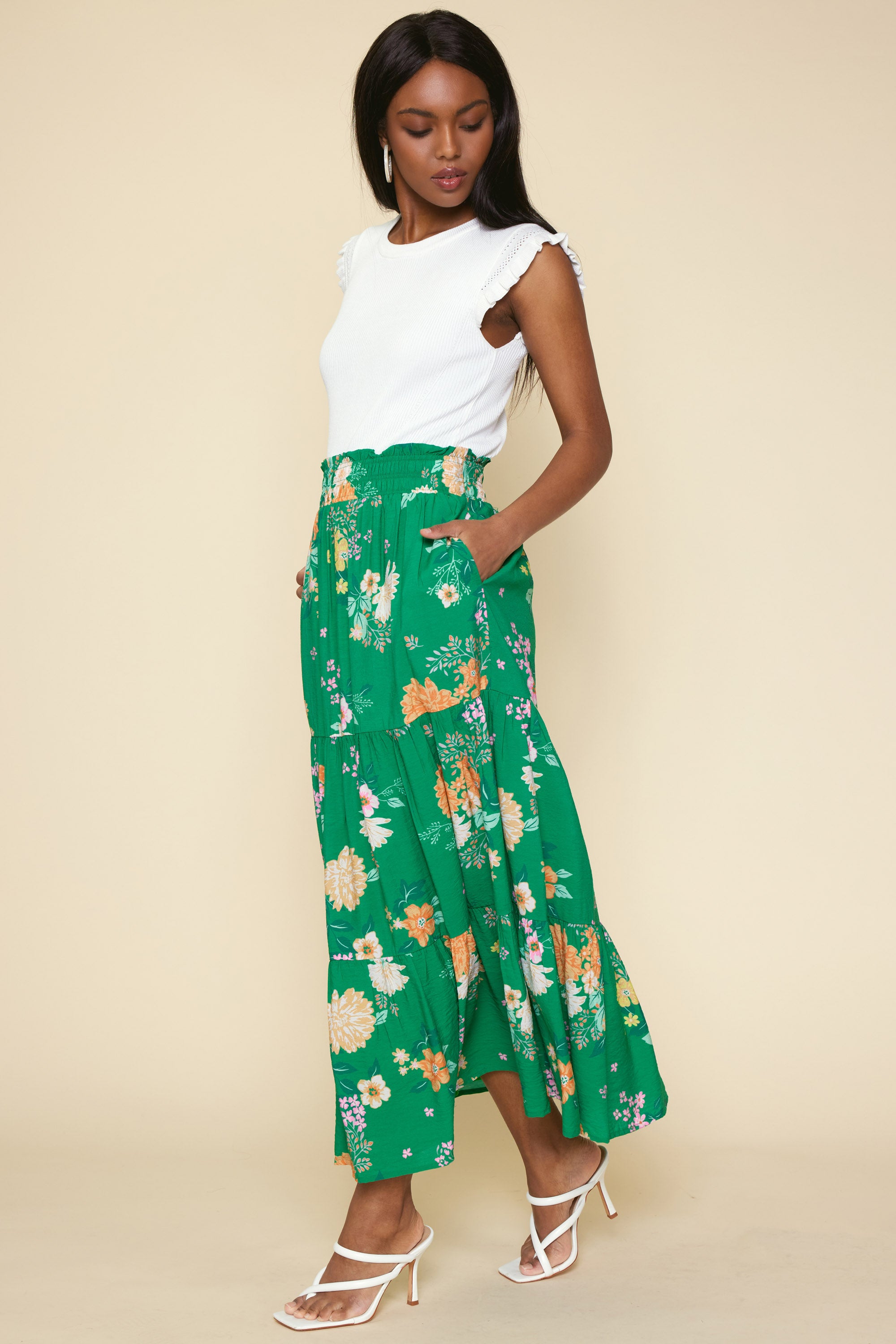 Fleur Print Tiered Maxi Skirt SKIES ARE BLUE