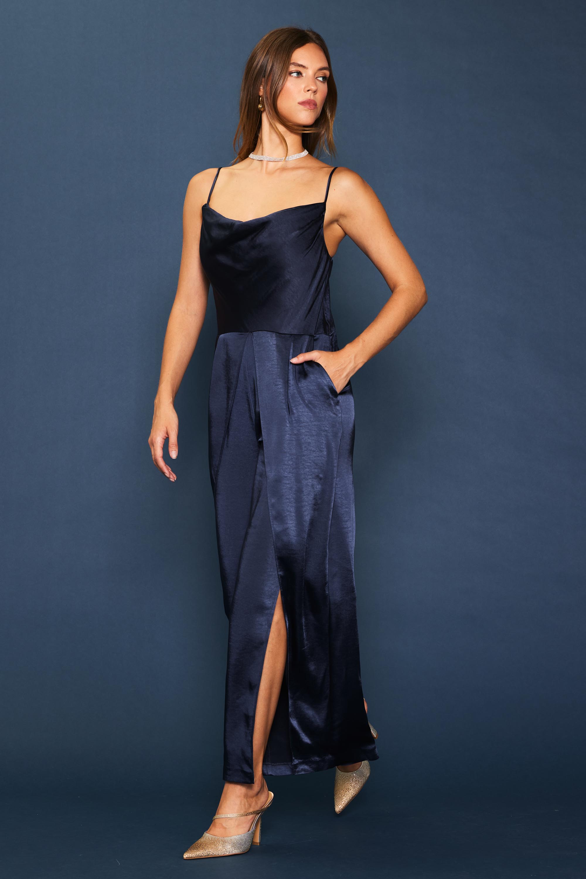 Navy blue satin jumpsuit on sale