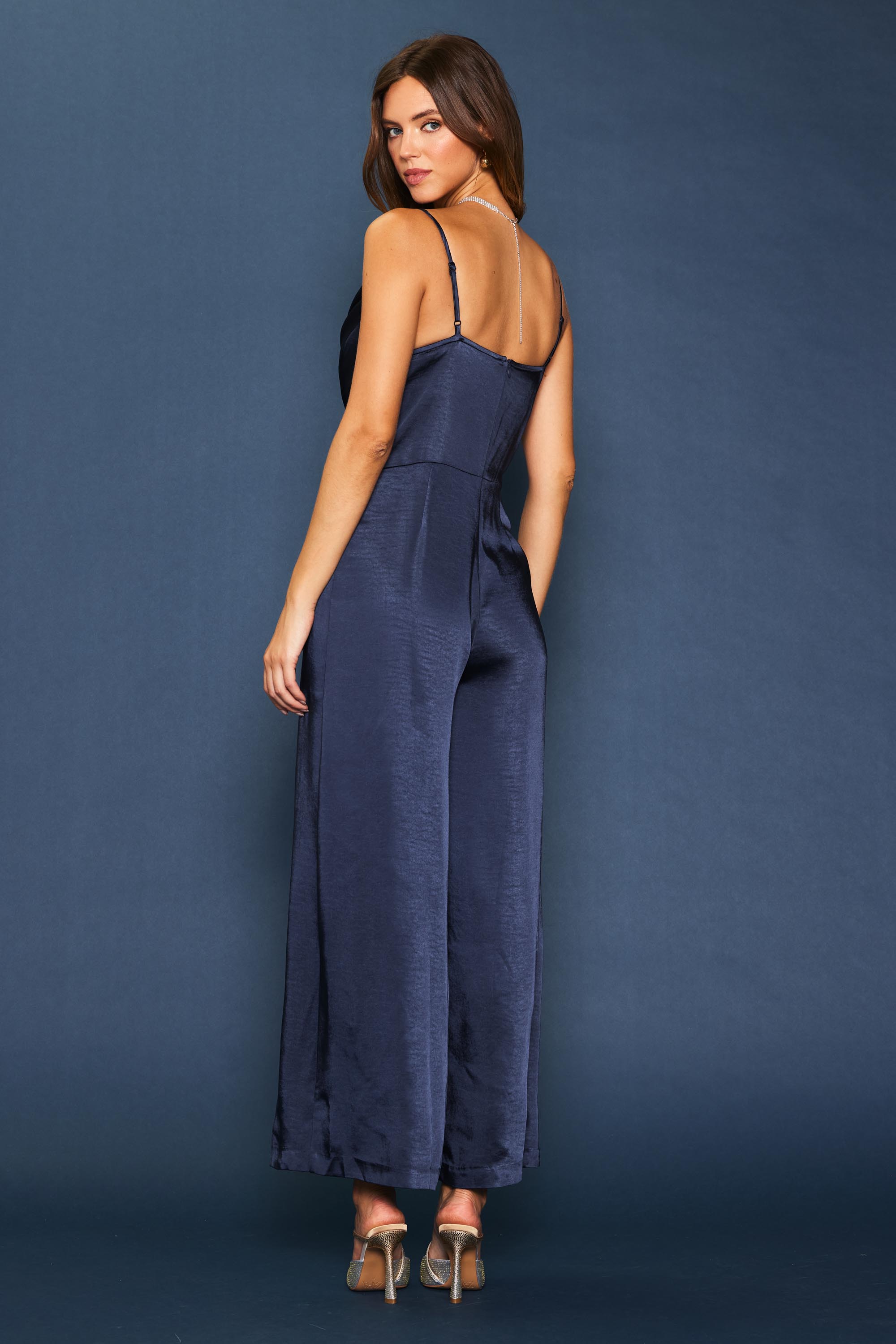 Fame and Partners Jumpsuit Isabella Satin Wide Leg Cowl Neck Navy Blue sale 6