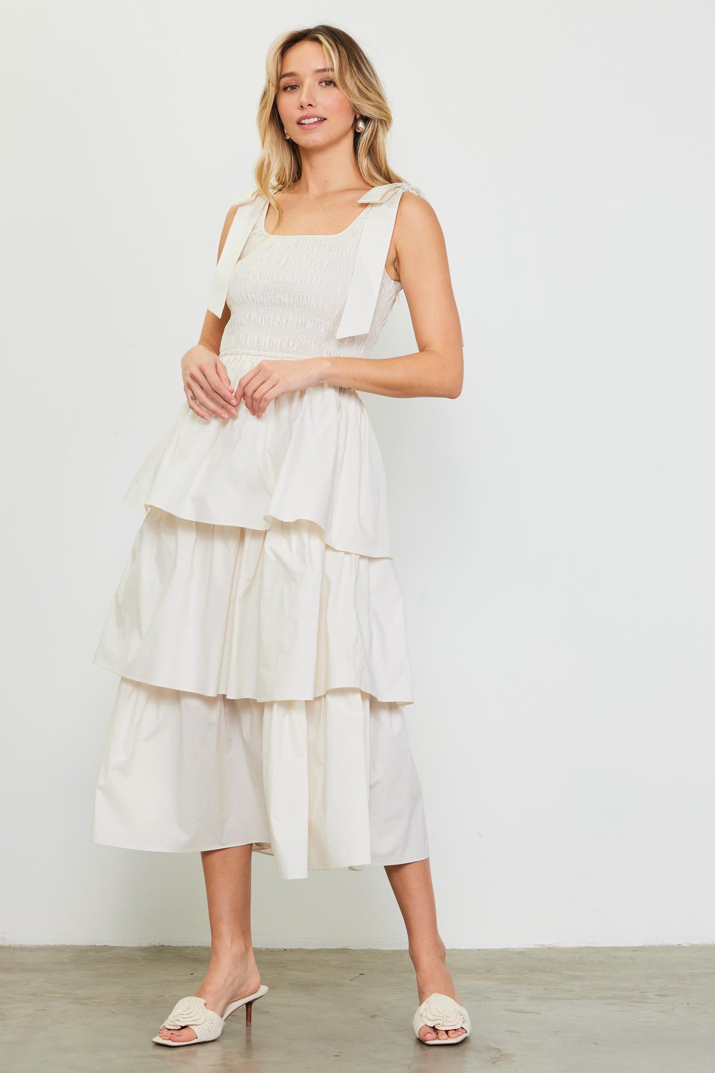 Smocked Bodice Ribbon Detail Tiered Midi Dress