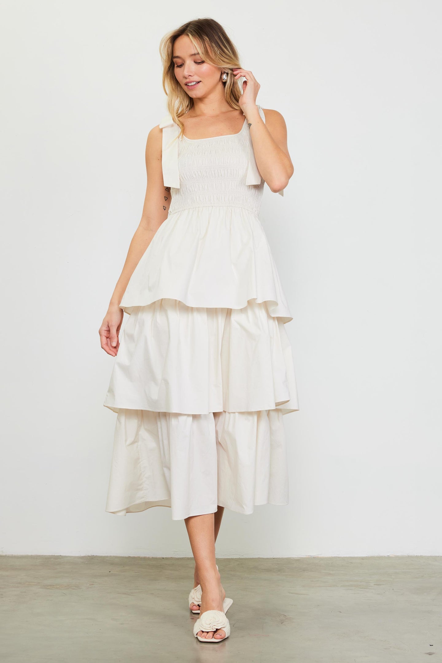 Smocked Bodice Ribbon Detail Tiered Midi Dress