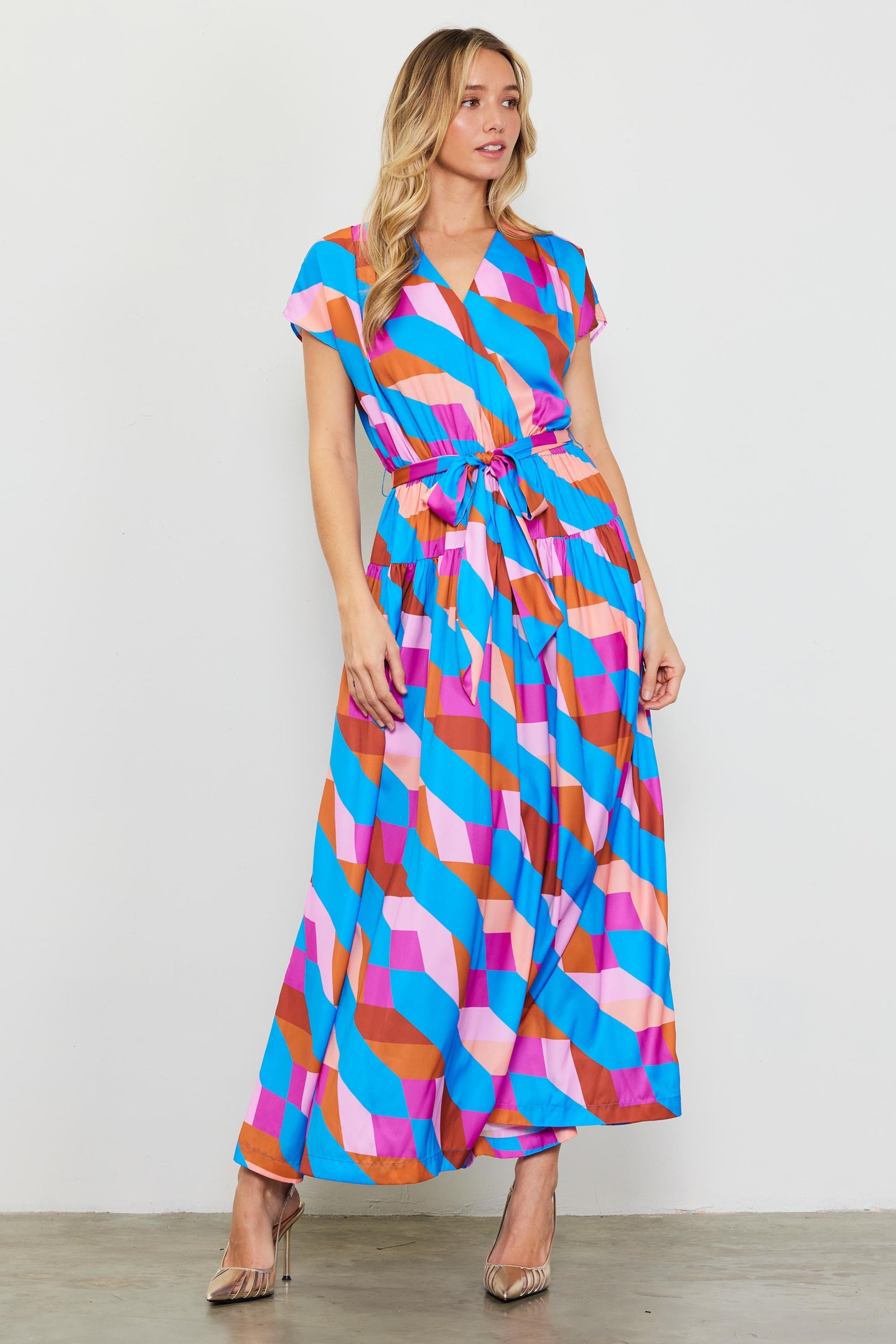 Surplice Bodice Geometric Print Maxi Dress