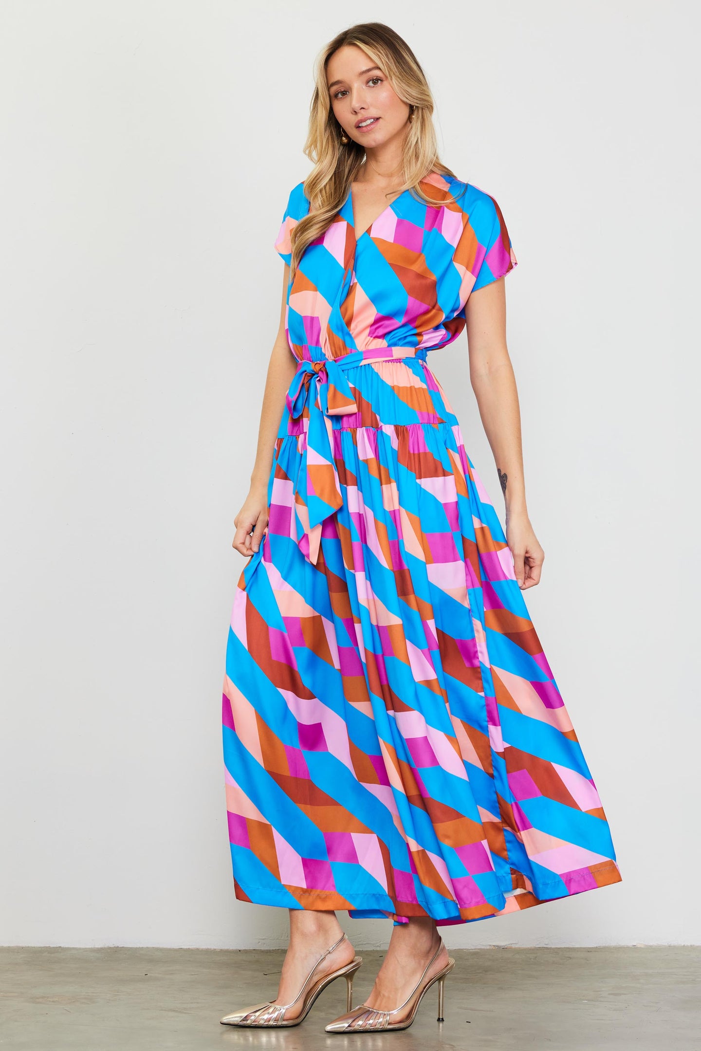Surplice Bodice Geometric Print Maxi Dress
