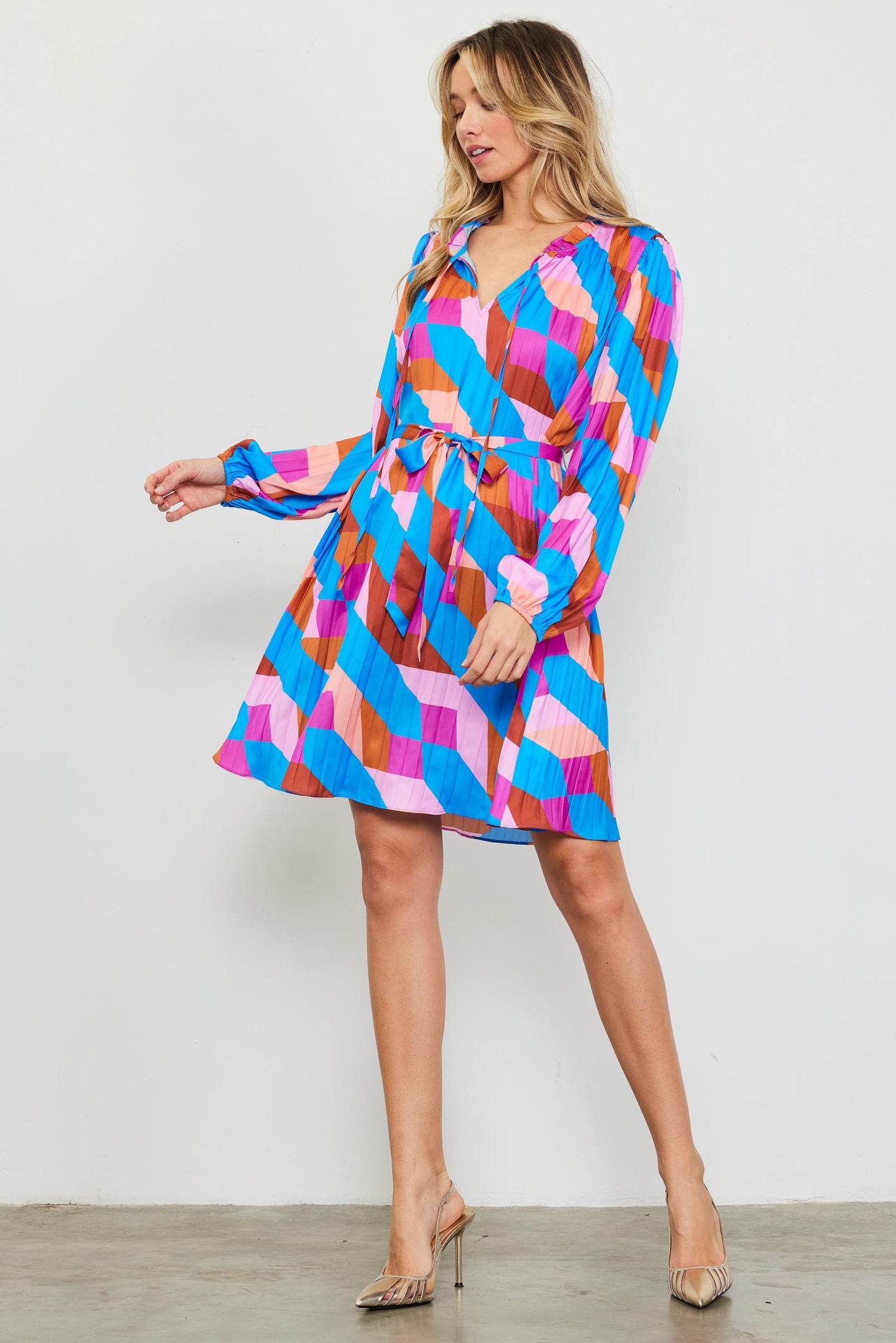 Pleated Geometric Print Mini Dress