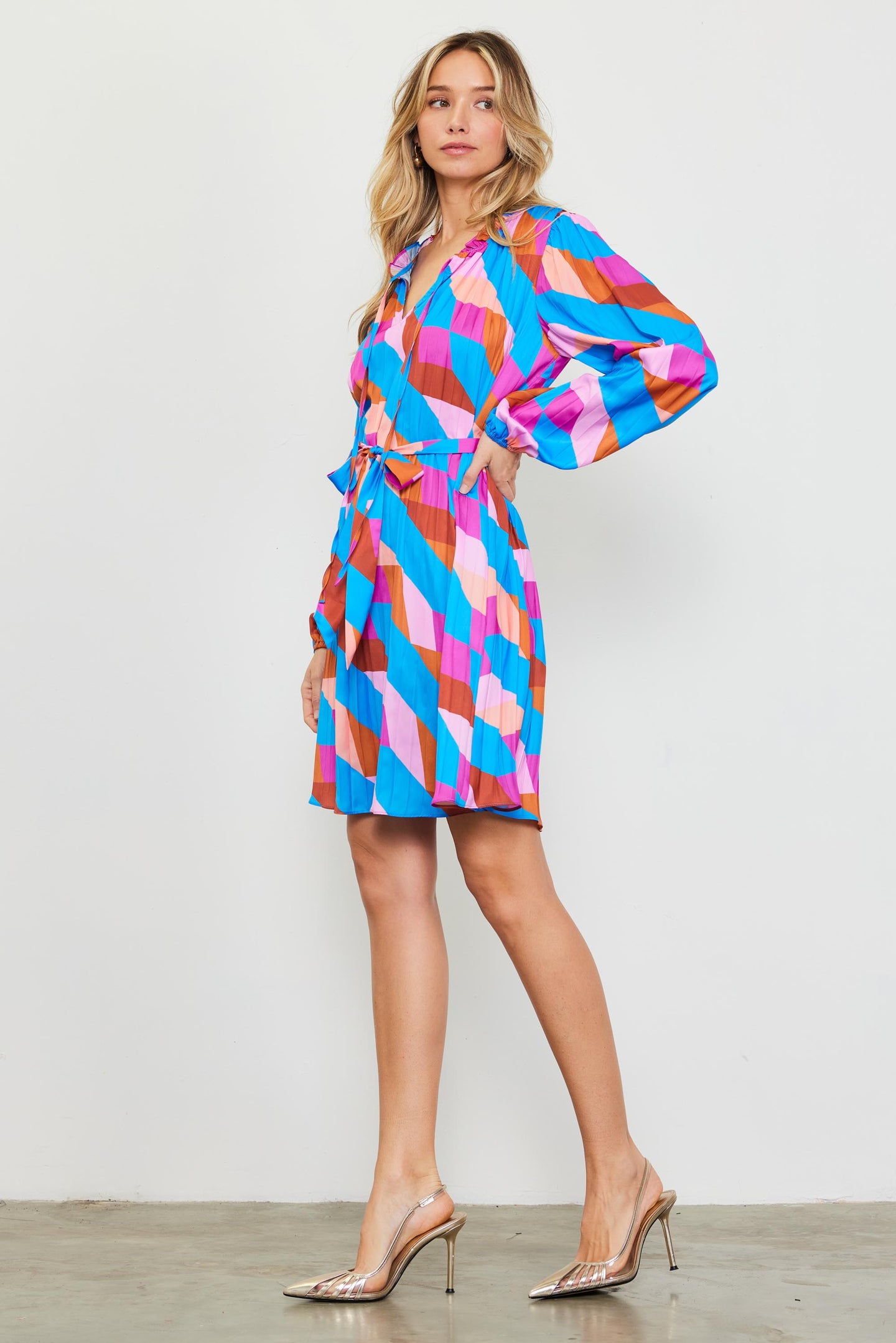 Pleated Geometric Print Mini Dress