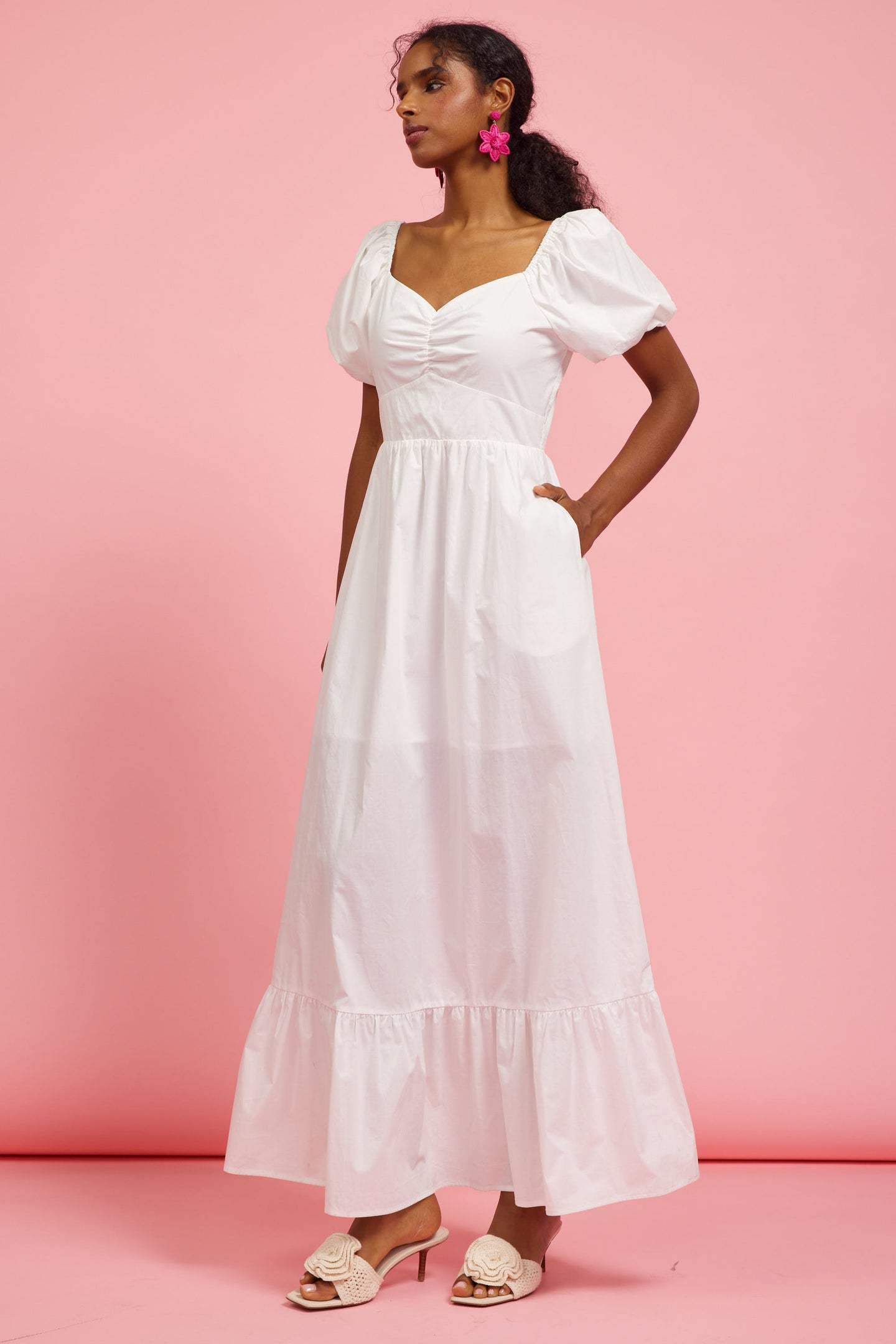 Puffed Sleeve Poplin Maxi Dress