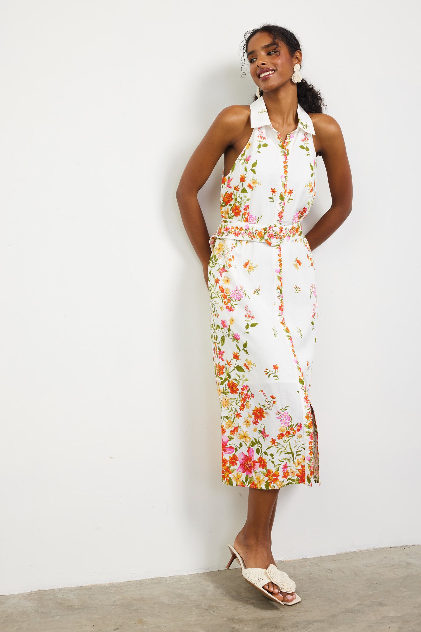 Floral Motif Sleeveless Midi Dress