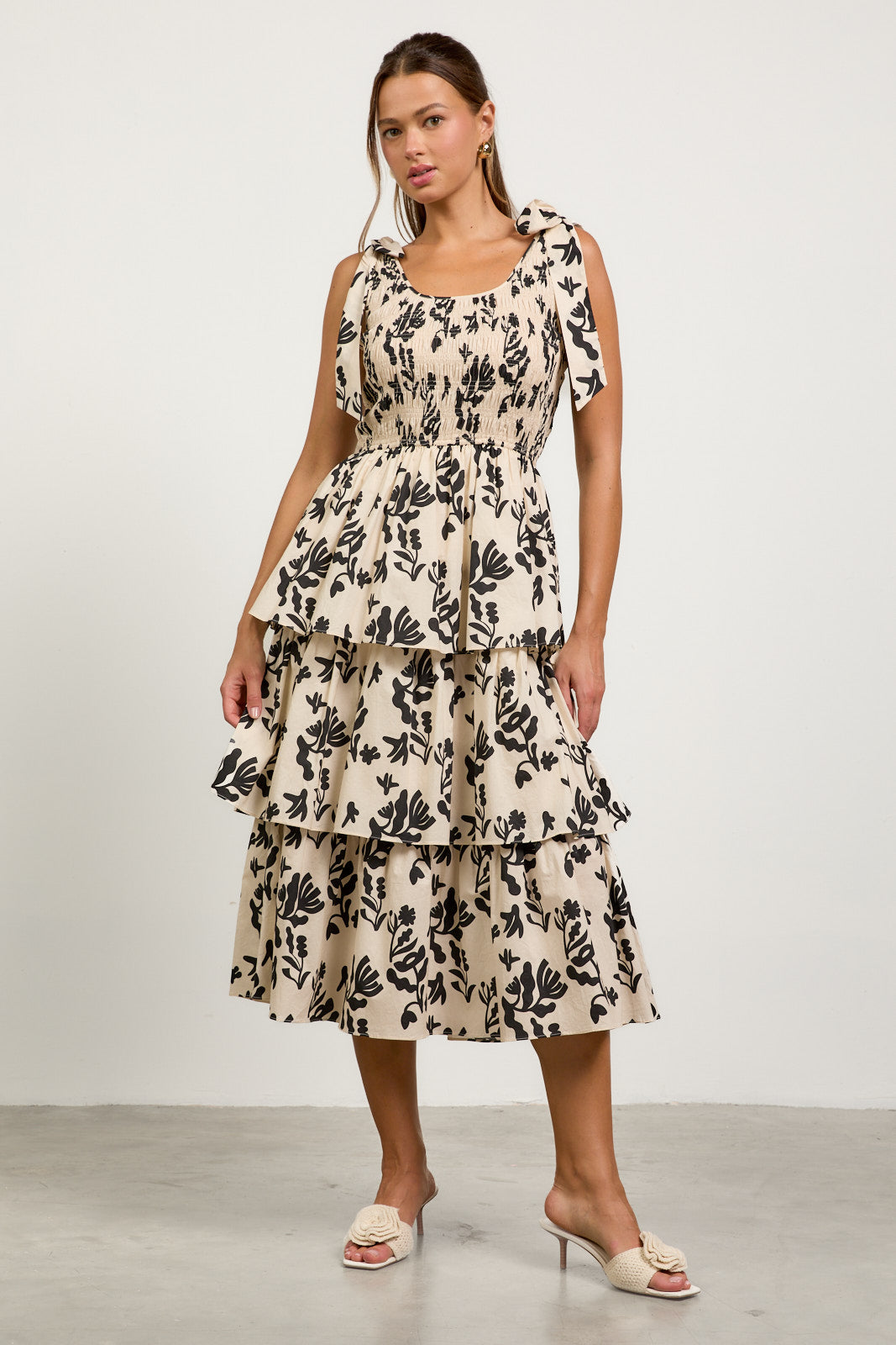 Floral Motif Poplin Tiered Midi Dress