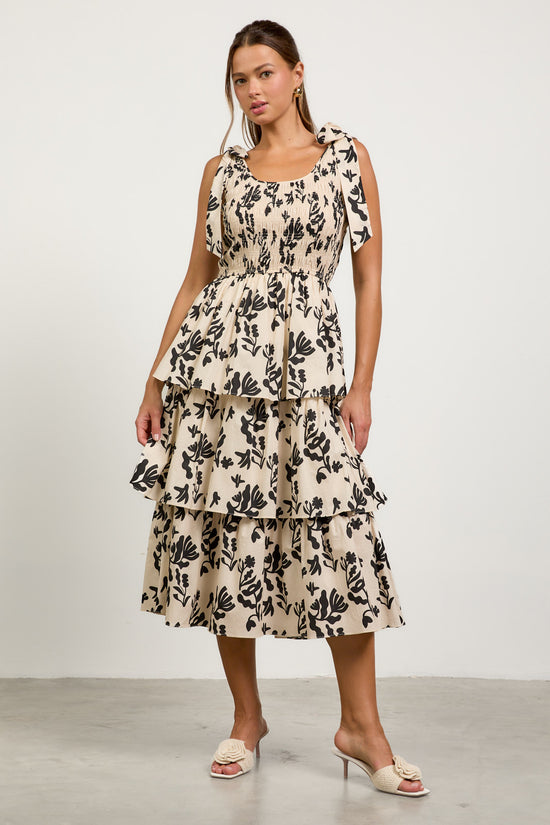 Floral Motif Poplin Tiered Midi Dress