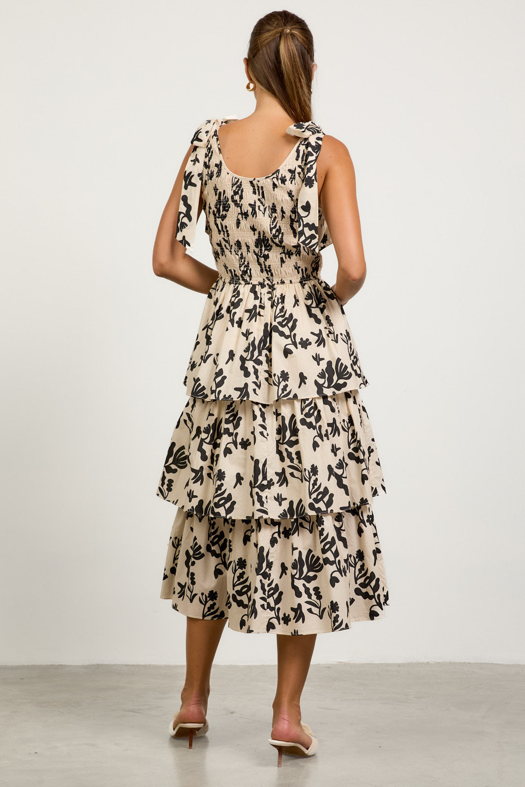 Floral Motif Poplin Tiered Midi Dress