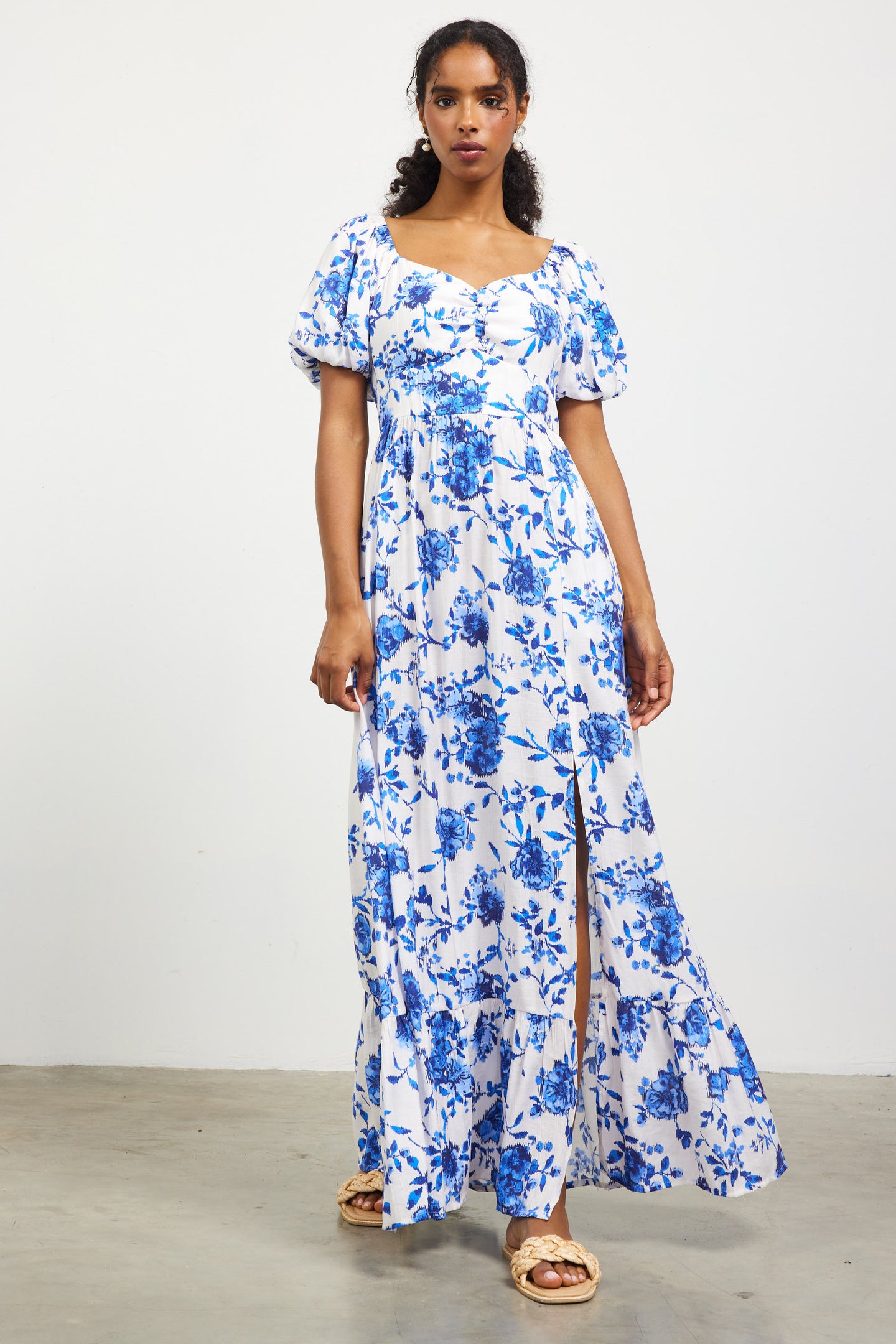 Ikat Floral Puffed Sleeves Maxi Dress