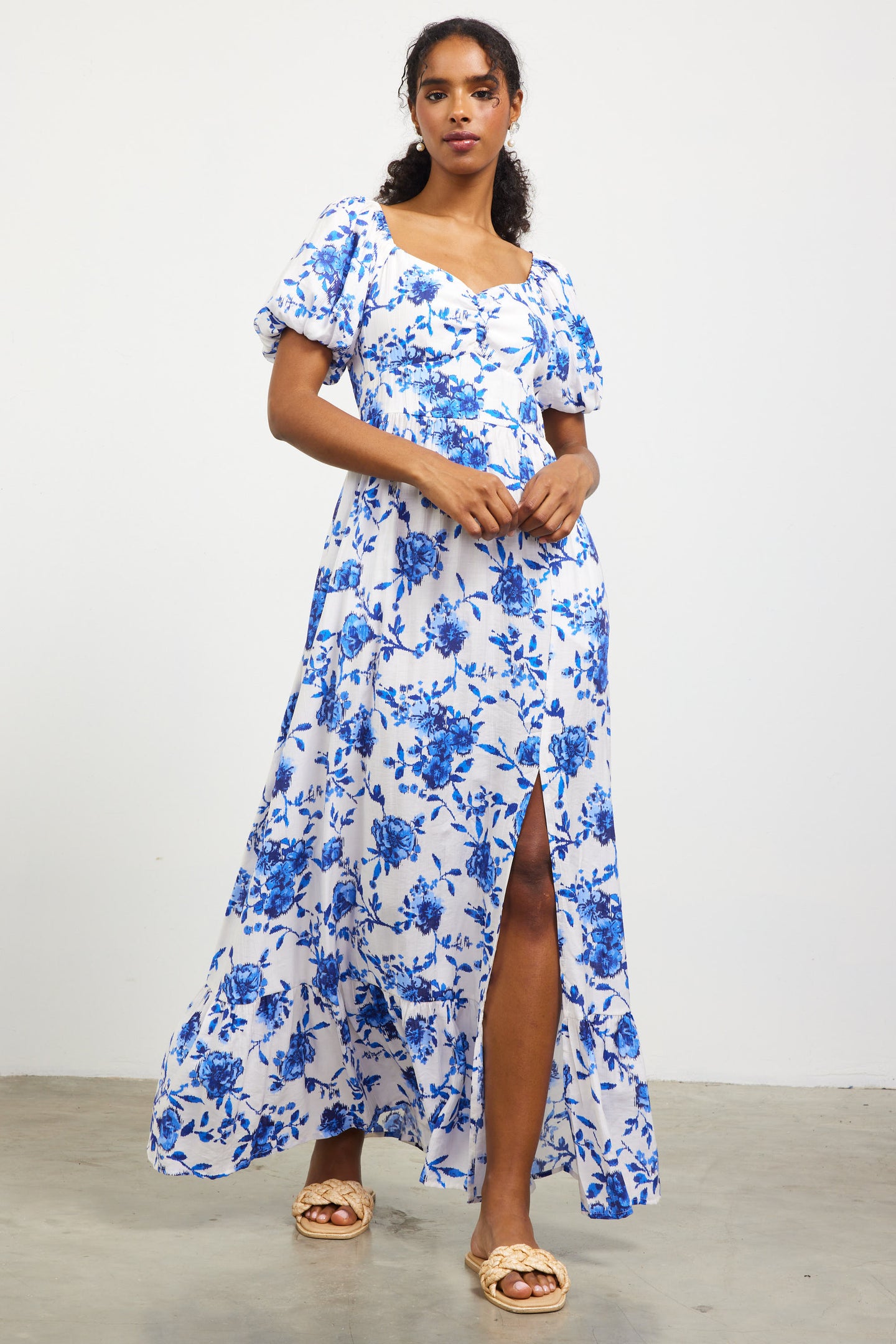 Ikat Floral Puffed Sleeves Maxi Dress