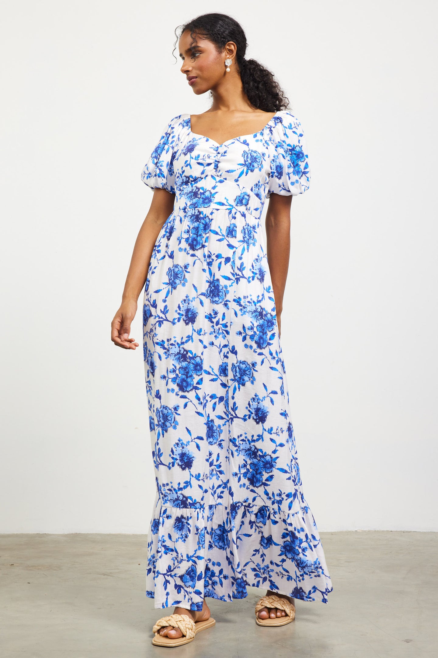 Ikat Floral Puffed Sleeves Maxi Dress