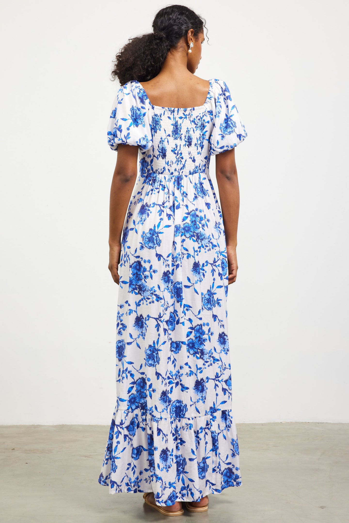 Ikat Floral Puffed Sleeves Maxi Dress