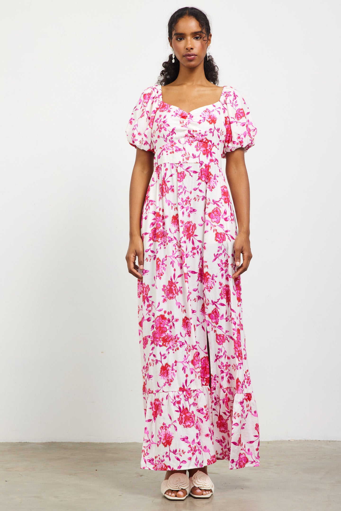 Ikat Floral Puffed Sleeves Maxi Dress