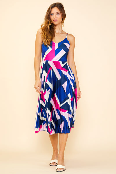 Geo Print Pleated Midi Dress - NAVY HYPER PINK / XS
