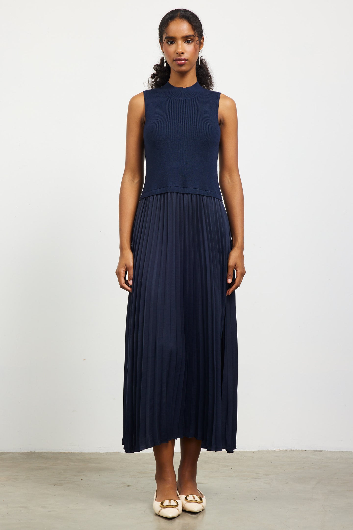 Mixed Media Pleated Midi Dress