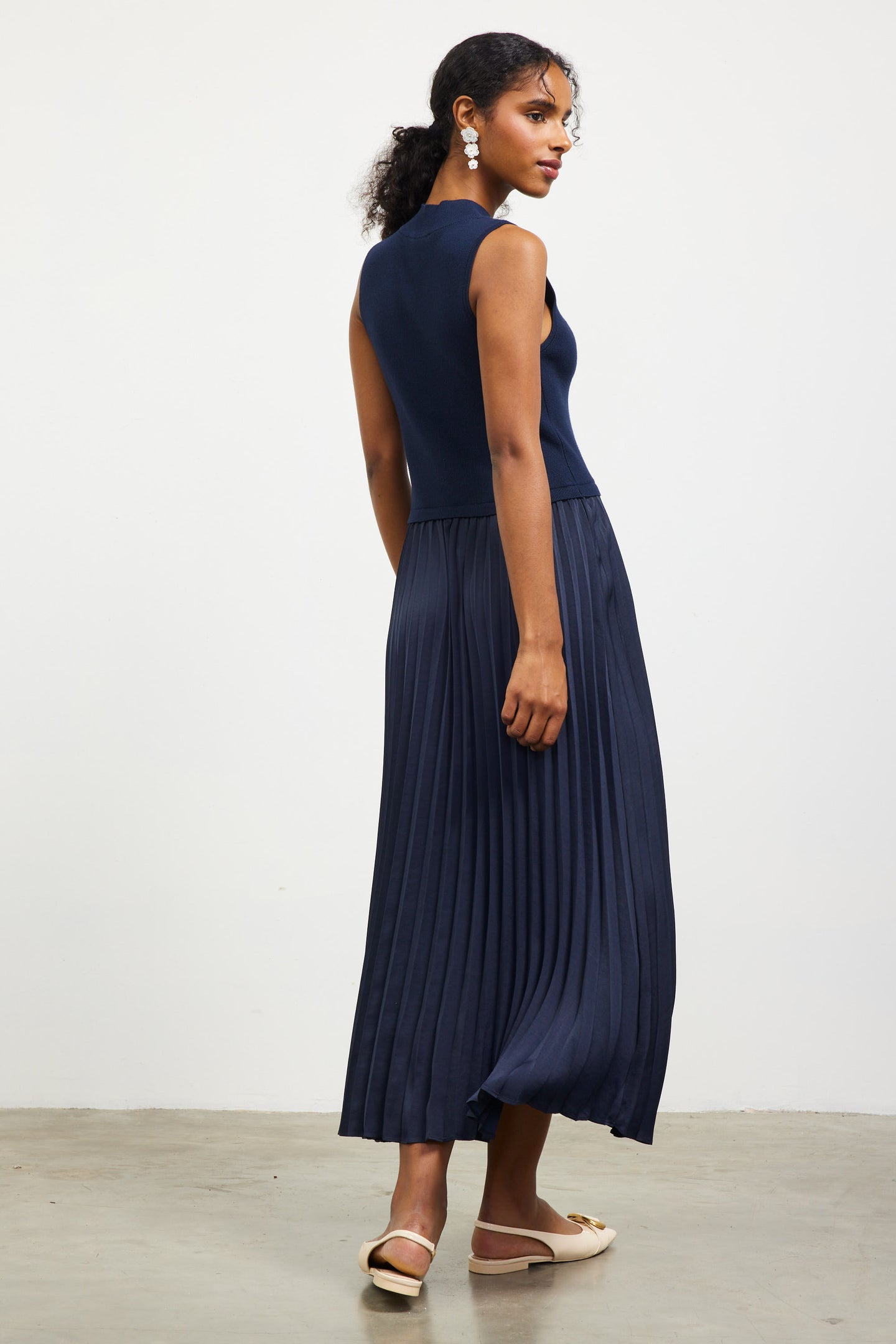 Mixed Media Pleated Midi Dress