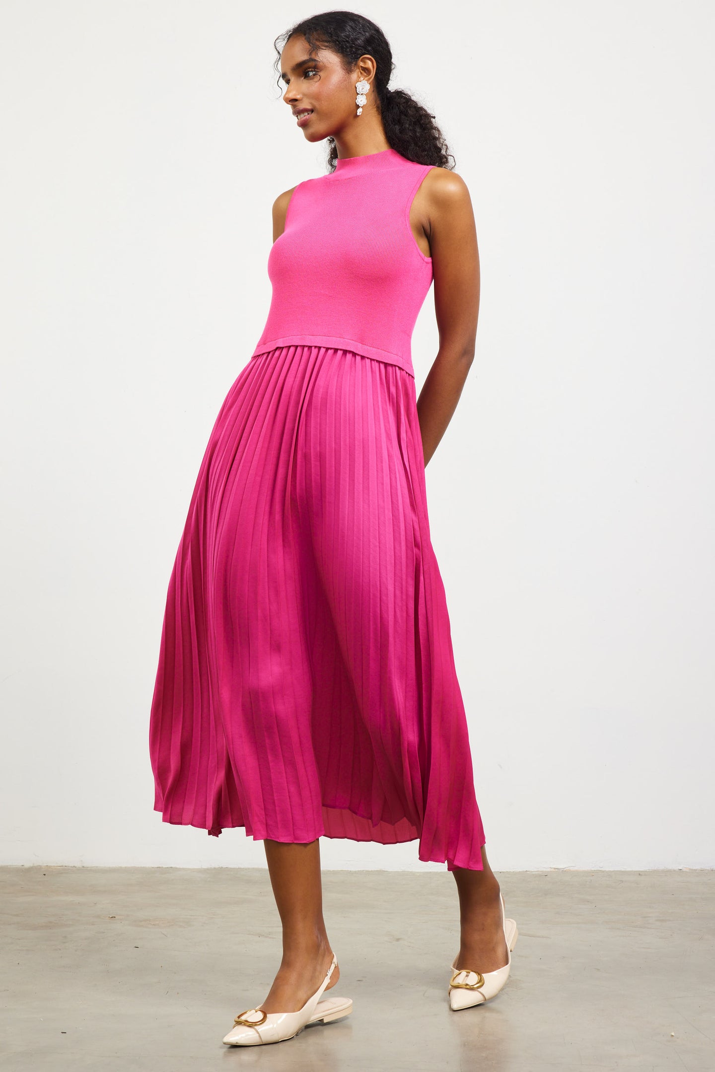 Mixed Media Pleated Midi Dress