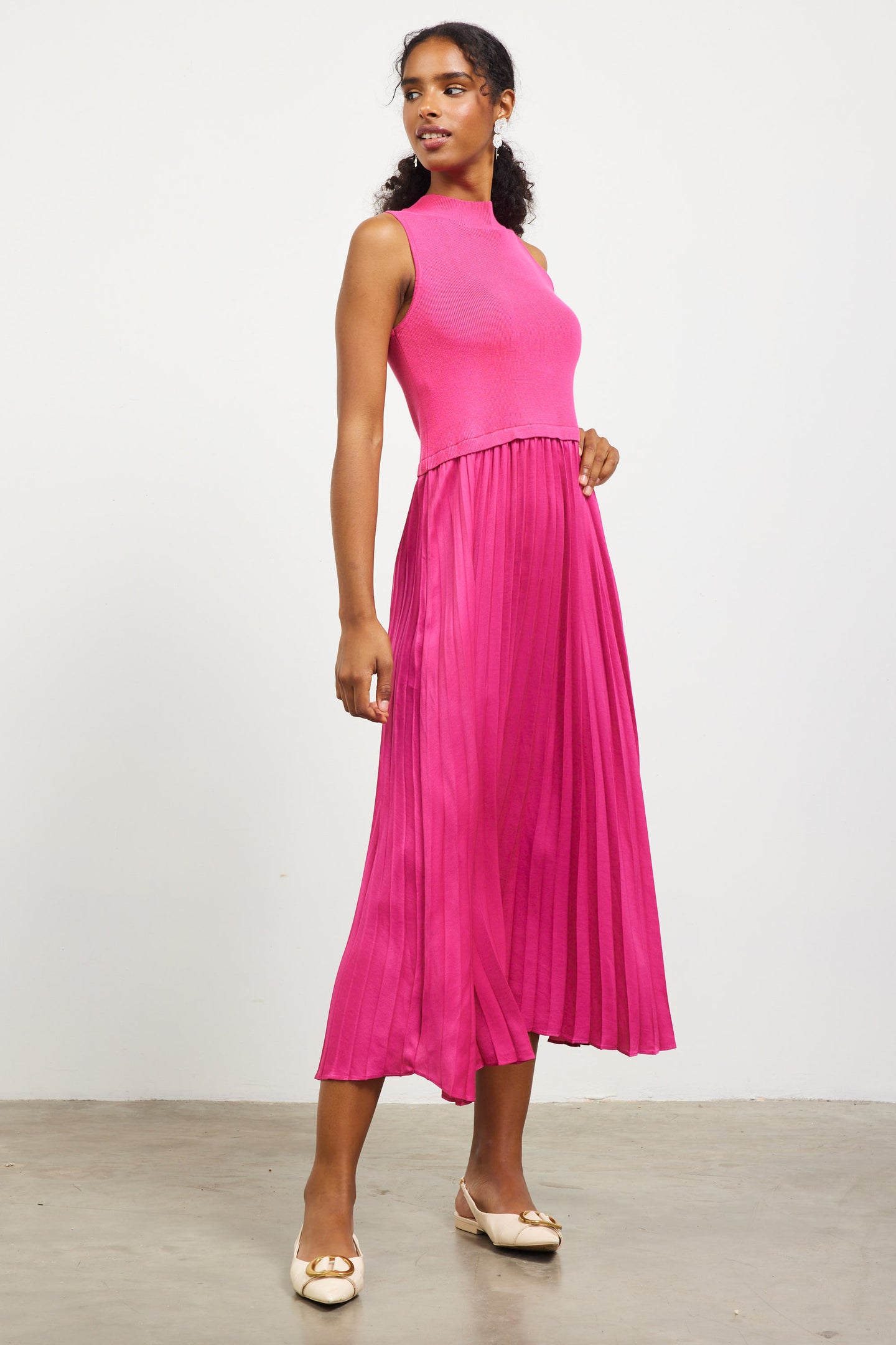 Mixed Media Pleated Midi Dress