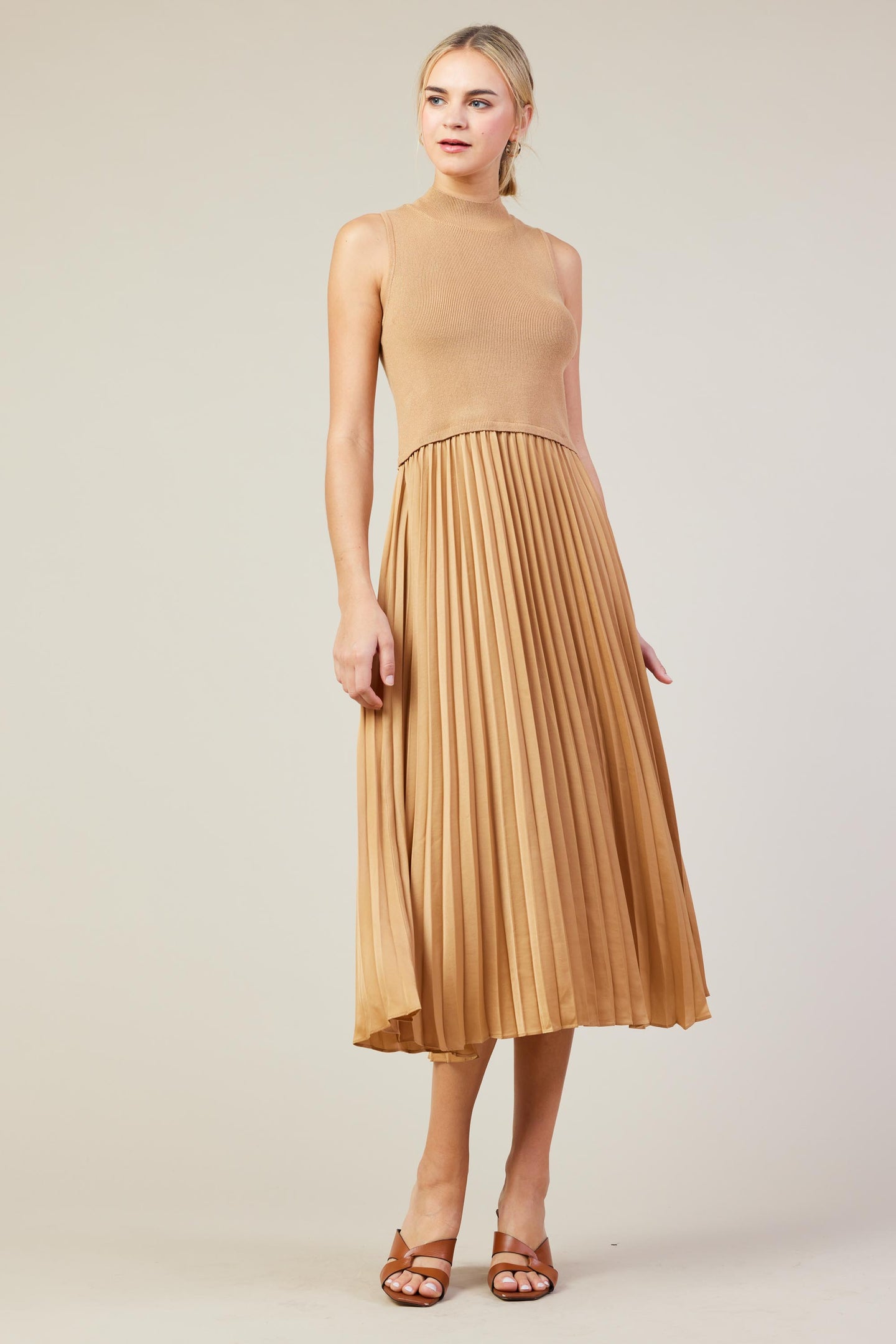 Mixed Media Pleated Midi Dress