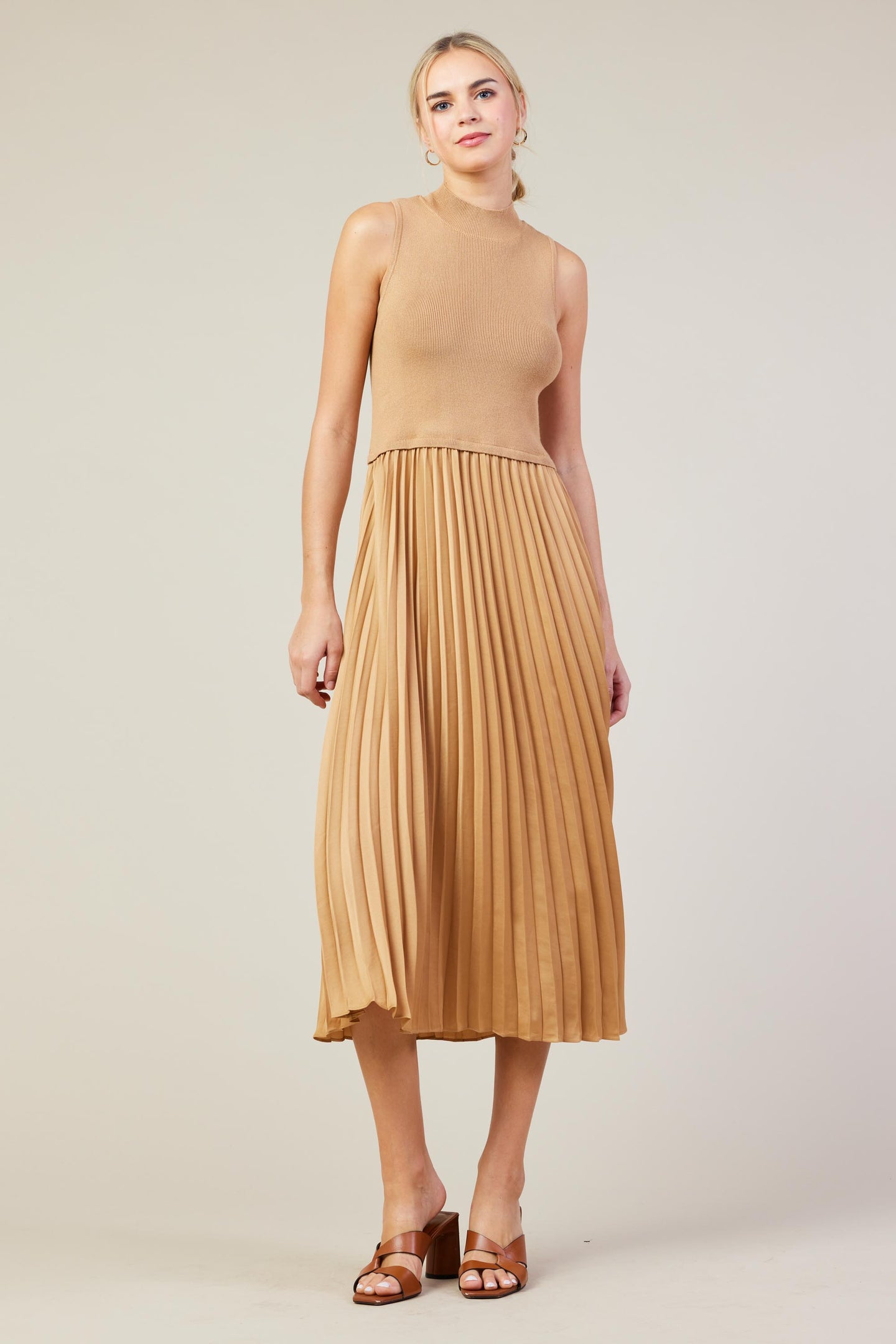 Mixed Media Pleated Midi Dress